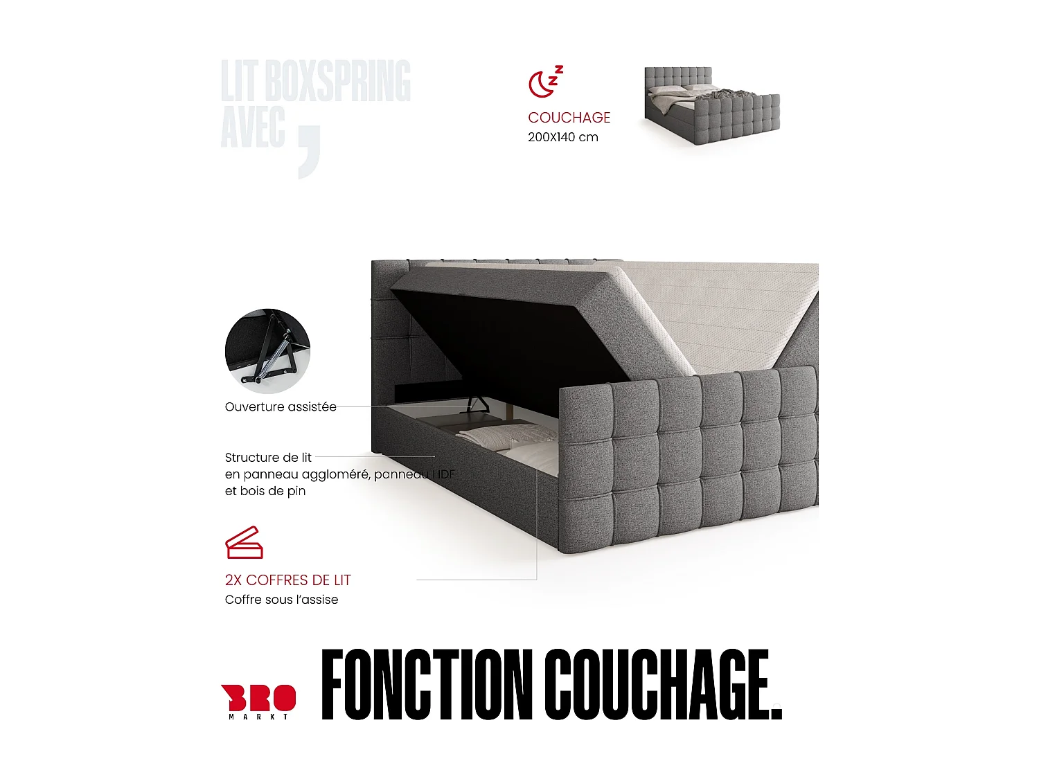 Lit boxspring avec rangement DETROIT DUO - matelas - surmatelas - gris clair - 140x200 cm