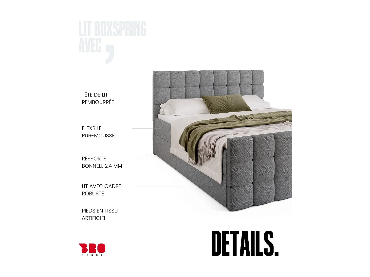Lit boxspring avec rangement DAKOTA DUO - matelas - surmatelas - gris - 140x200 cm