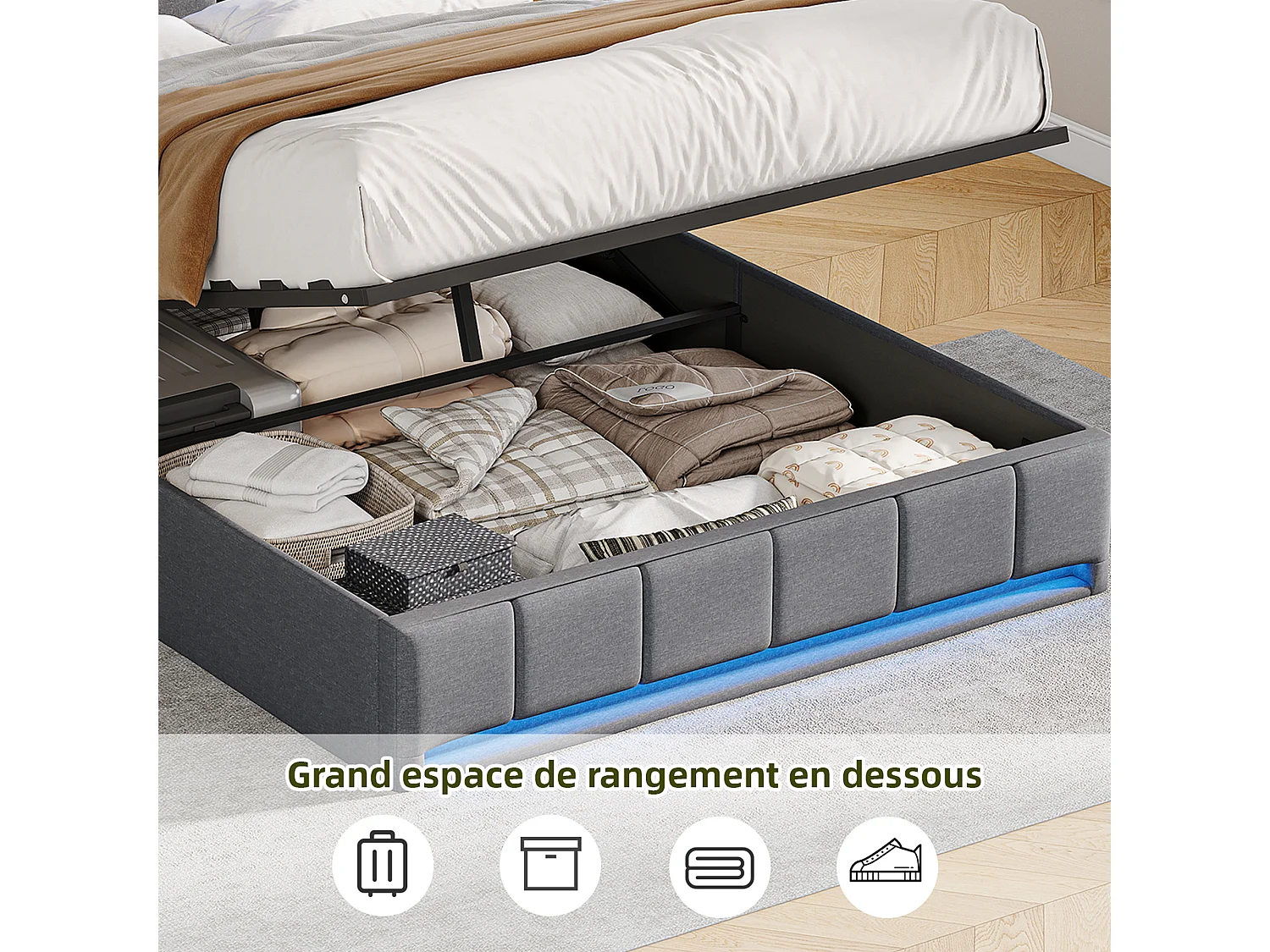 Lit 140x200 cm avec éclairage LED, coffre hydraulique, sommier à lattes, chargeurs USB & Type-C - Tissu lin gris