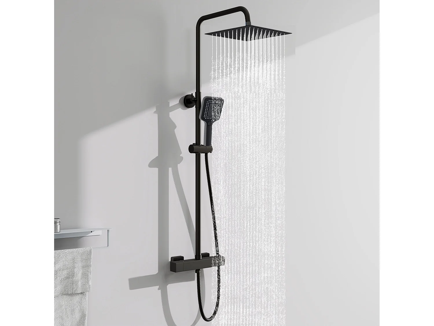 AICA Colonne de Douche Thermostatique 38°C Ensemble de Douche Noir avec Pomme haute 30cm+Douchette 3 Jets Hauteur Réglable 72-125 cm Laiton & Acier Inox