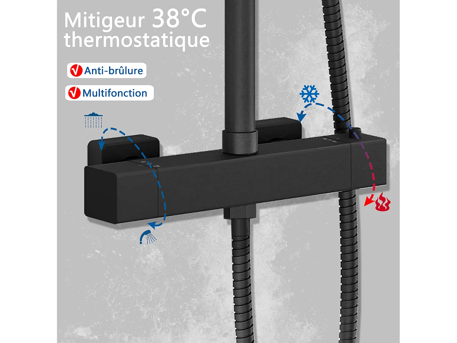 AICA Colonne de Douche Thermostatique 38°C Ensemble de Douche Noir avec Pomme haute 30cm+Douchette 3 Jets Hauteur Réglable 72-125 cm Laiton & Acier Inox