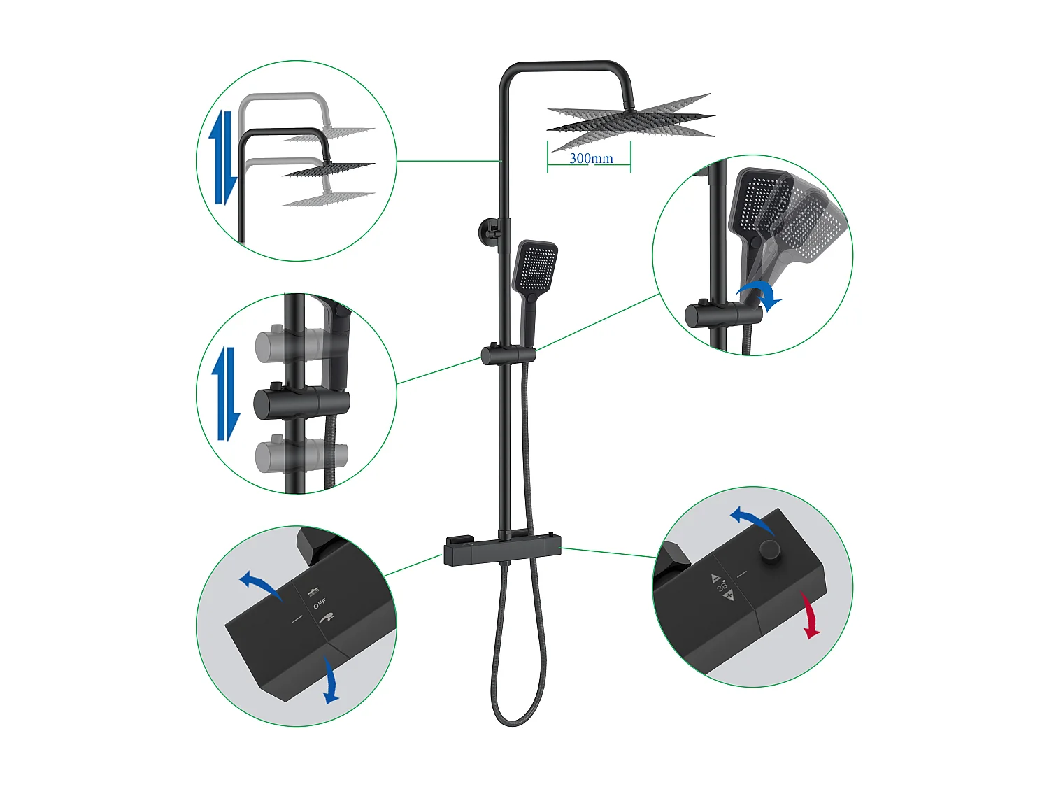 AICA Colonne de Douche Thermostatique 38°C Ensemble de Douche Noir avec Pomme haute 30cm+Douchette 3 Jets Hauteur Réglable 72-125 cm Laiton & Acier Inox