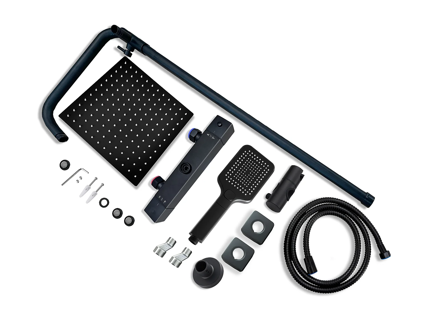 AICA Colonne de Douche Thermostatique 38°C Ensemble de Douche Noir avec Pomme haute 30cm+Douchette 3 Jets Hauteur Réglable 72-125 cm Laiton & Acier Inox