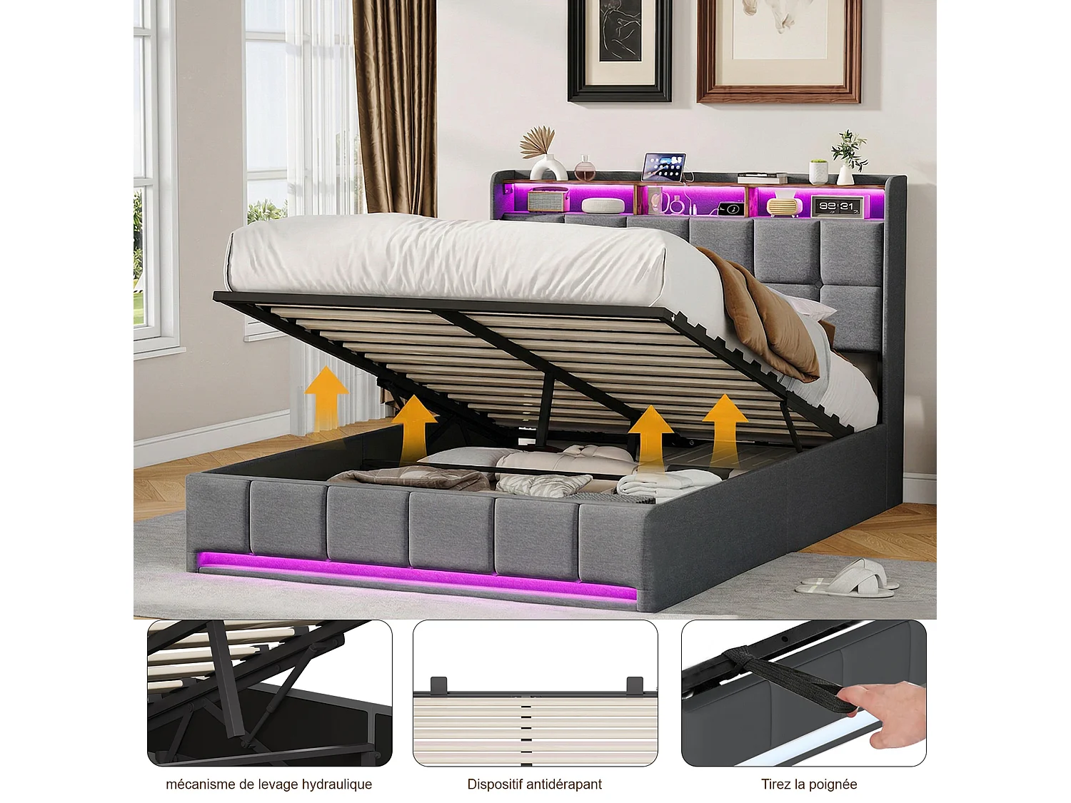 Lit 140x190 cm avec éclairage LED, coffre hydraulique, sommier à lattes, chargeurs USB & Type-C - Tissu lin gris