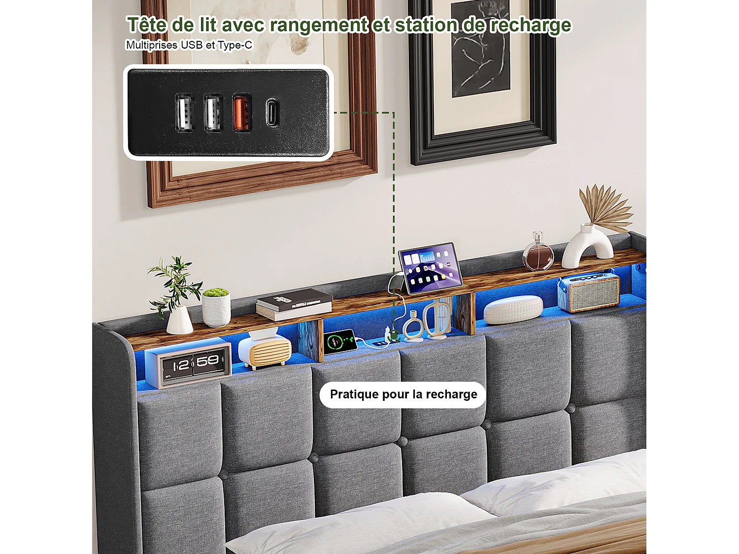 Lit 140x190 cm avec éclairage LED, coffre hydraulique, sommier à lattes, chargeurs USB & Type-C - Tissu lin gris