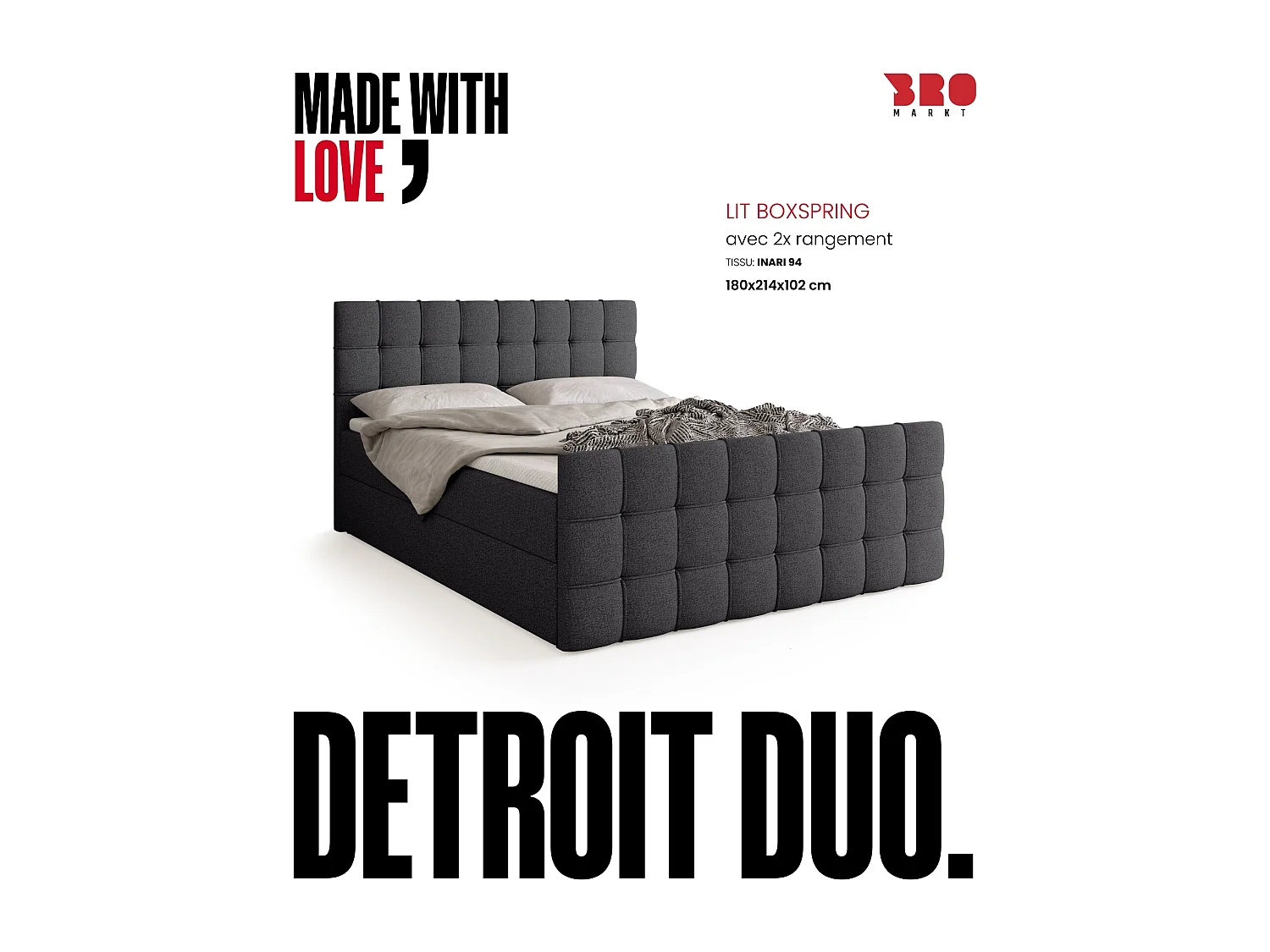 Lit boxspring avec rangement DETROIT DUO - matelas - surmatelas - gris  - 180x200 cm