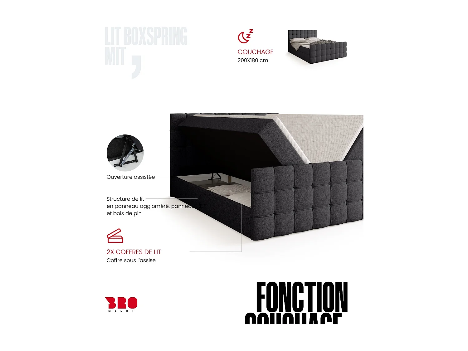 Lit boxspring avec rangement DETROIT DUO - matelas - surmatelas - gris  - 180x200 cm