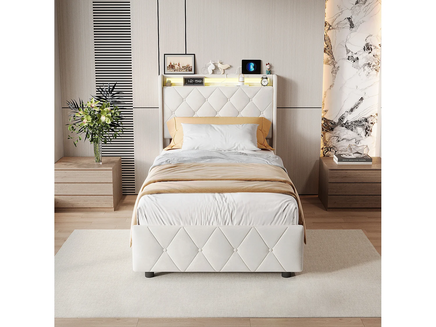 Łóżko 90x200 cm z 2 szufladami, oświetleniem LED, szafkami nocnymi ze schowkiem, otwartymi przegrodami, podstawą z listew, ładowarkami USB i typu C - beżowe