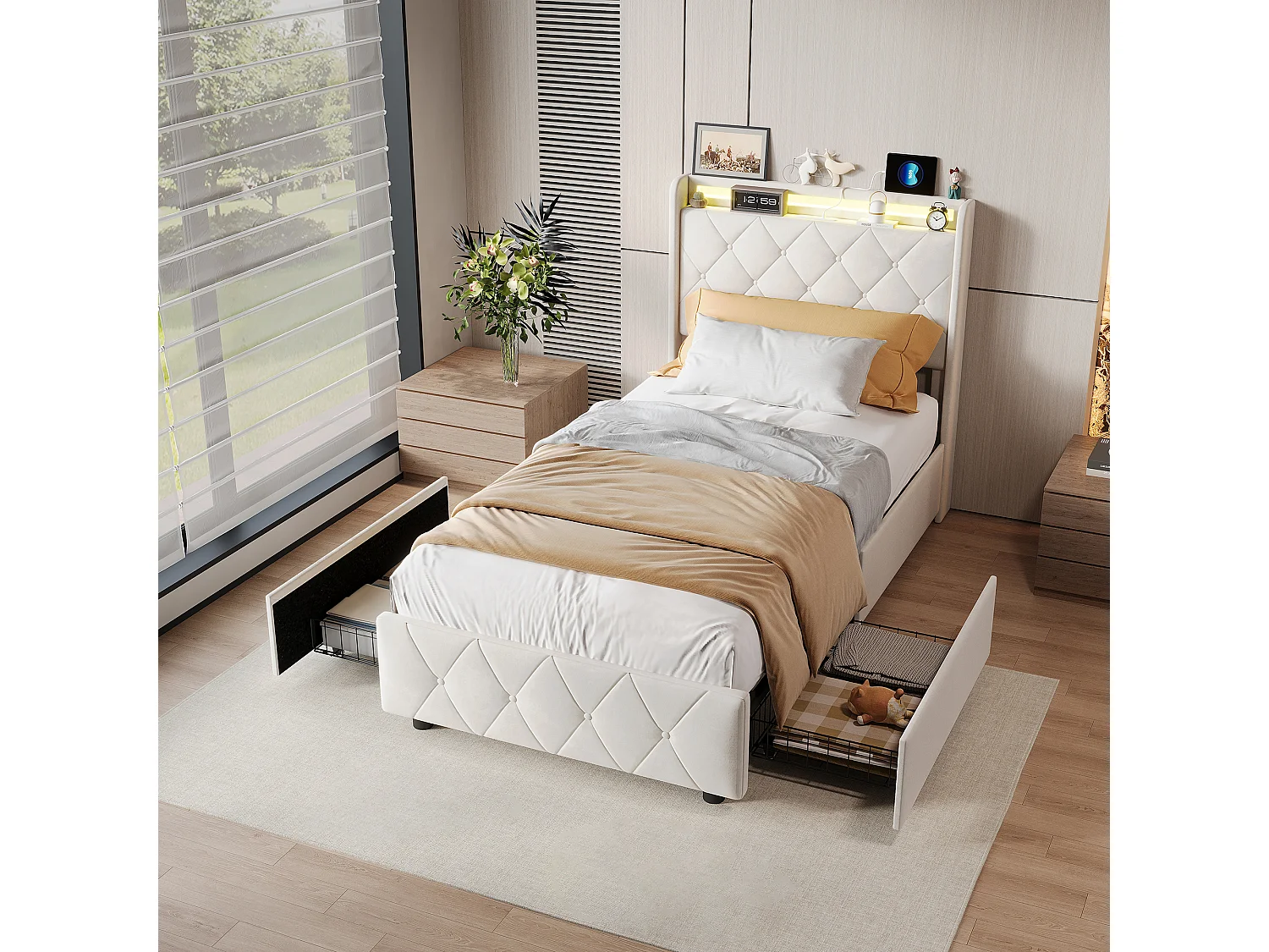 Łóżko 90x200 cm z 2 szufladami, oświetleniem LED, szafkami nocnymi ze schowkiem, otwartymi przegrodami, podstawą z listew, ładowarkami USB i typu C - beżowe