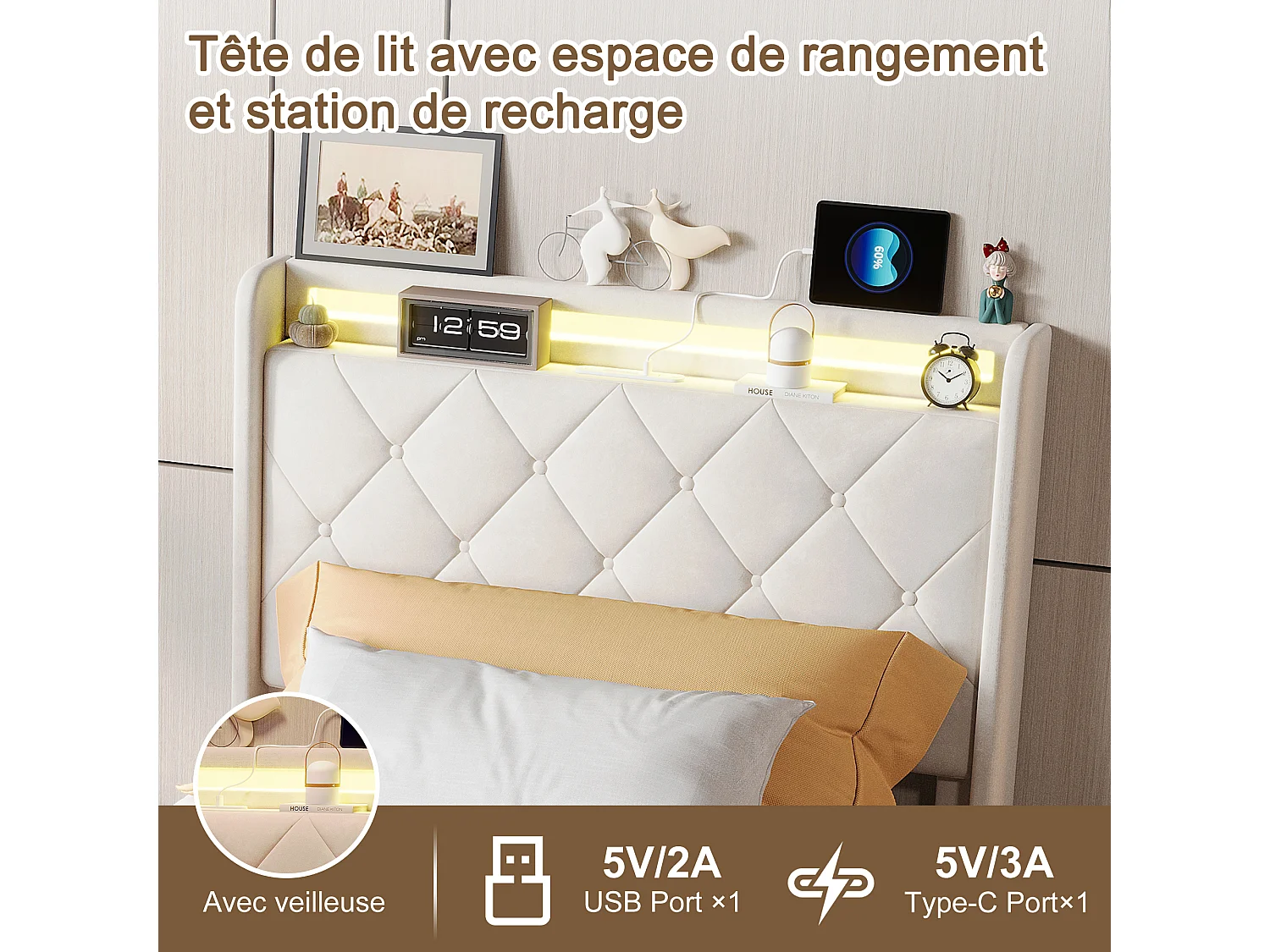 Łóżko 90x200 cm z 2 szufladami, oświetleniem LED, szafkami nocnymi ze schowkiem, otwartymi przegrodami, podstawą z listew, ładowarkami USB i typu C - beżowe