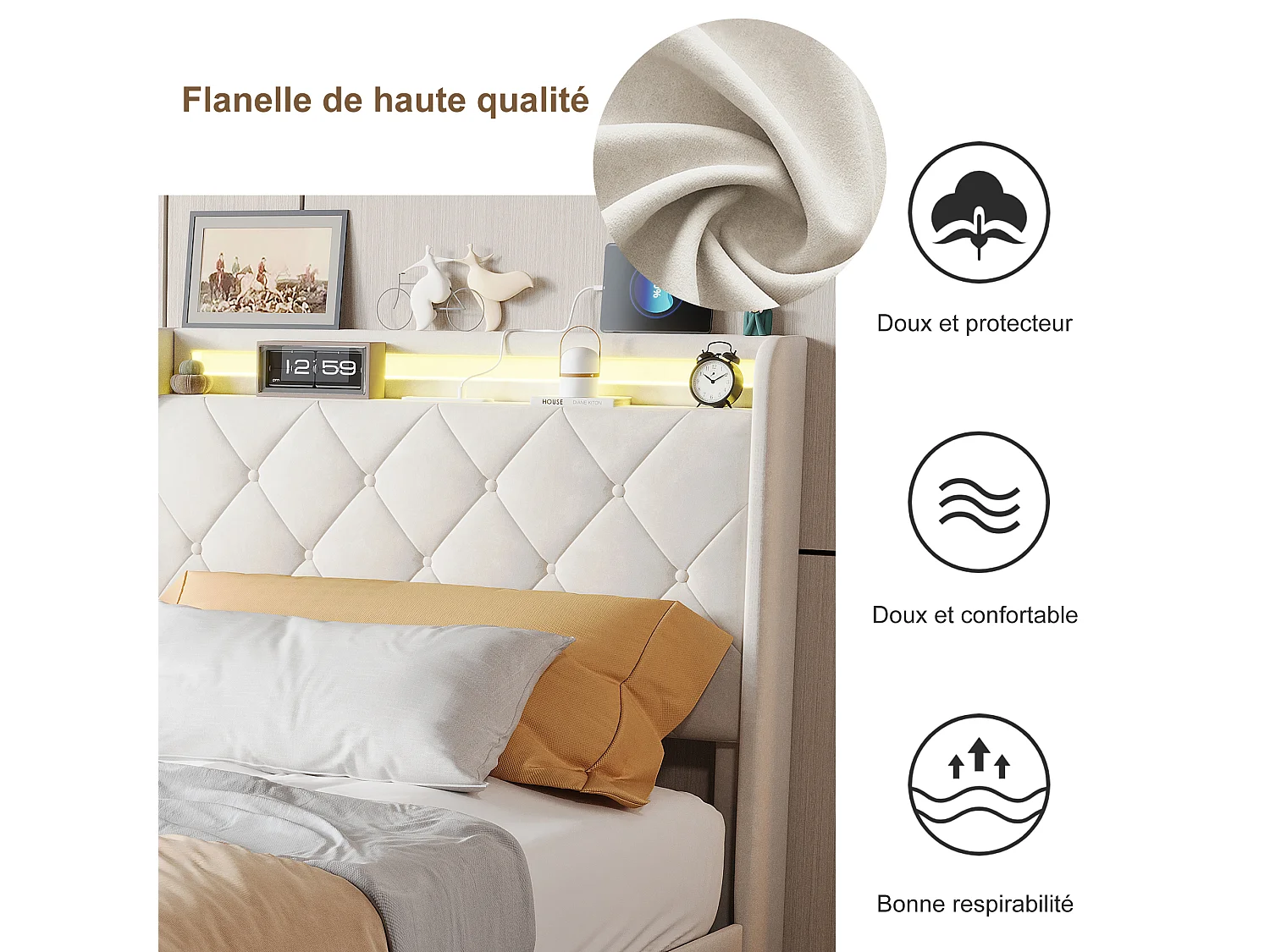 Łóżko 90x200 cm z 2 szufladami, oświetleniem LED, szafkami nocnymi ze schowkiem, otwartymi przegrodami, podstawą z listew, ładowarkami USB i typu C - beżowe