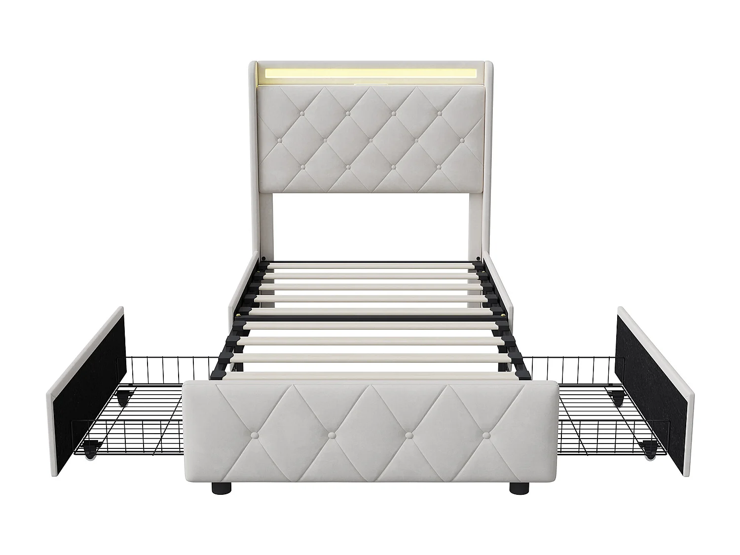 Łóżko 90x200 cm z 2 szufladami, oświetleniem LED, szafkami nocnymi ze schowkiem, otwartymi przegrodami, podstawą z listew, ładowarkami USB i typu C - beżowe