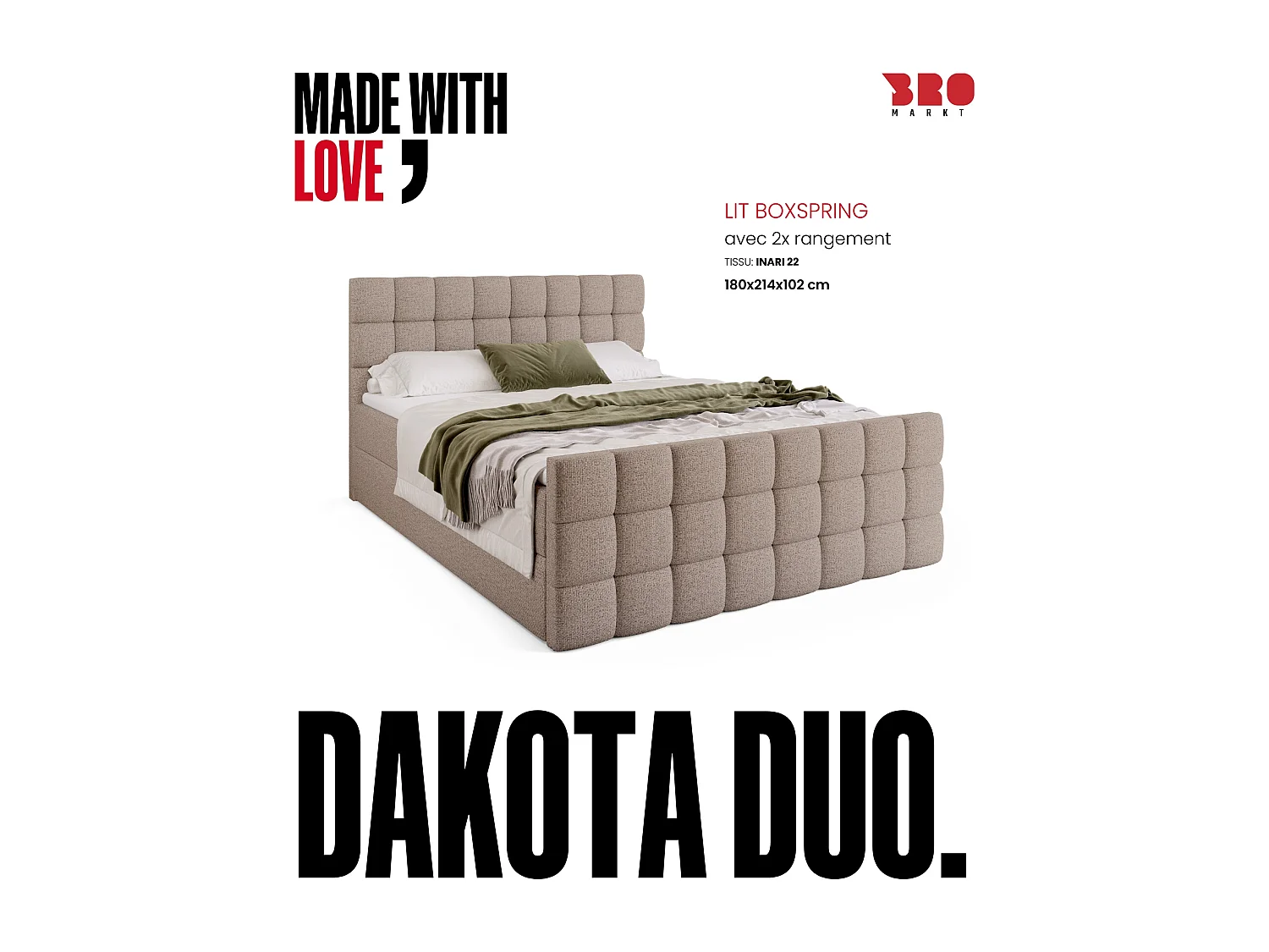 Lit boxspring avec rangement DAKOTA DUO - matelas - surmatelas - beige clair - 180x200 cm