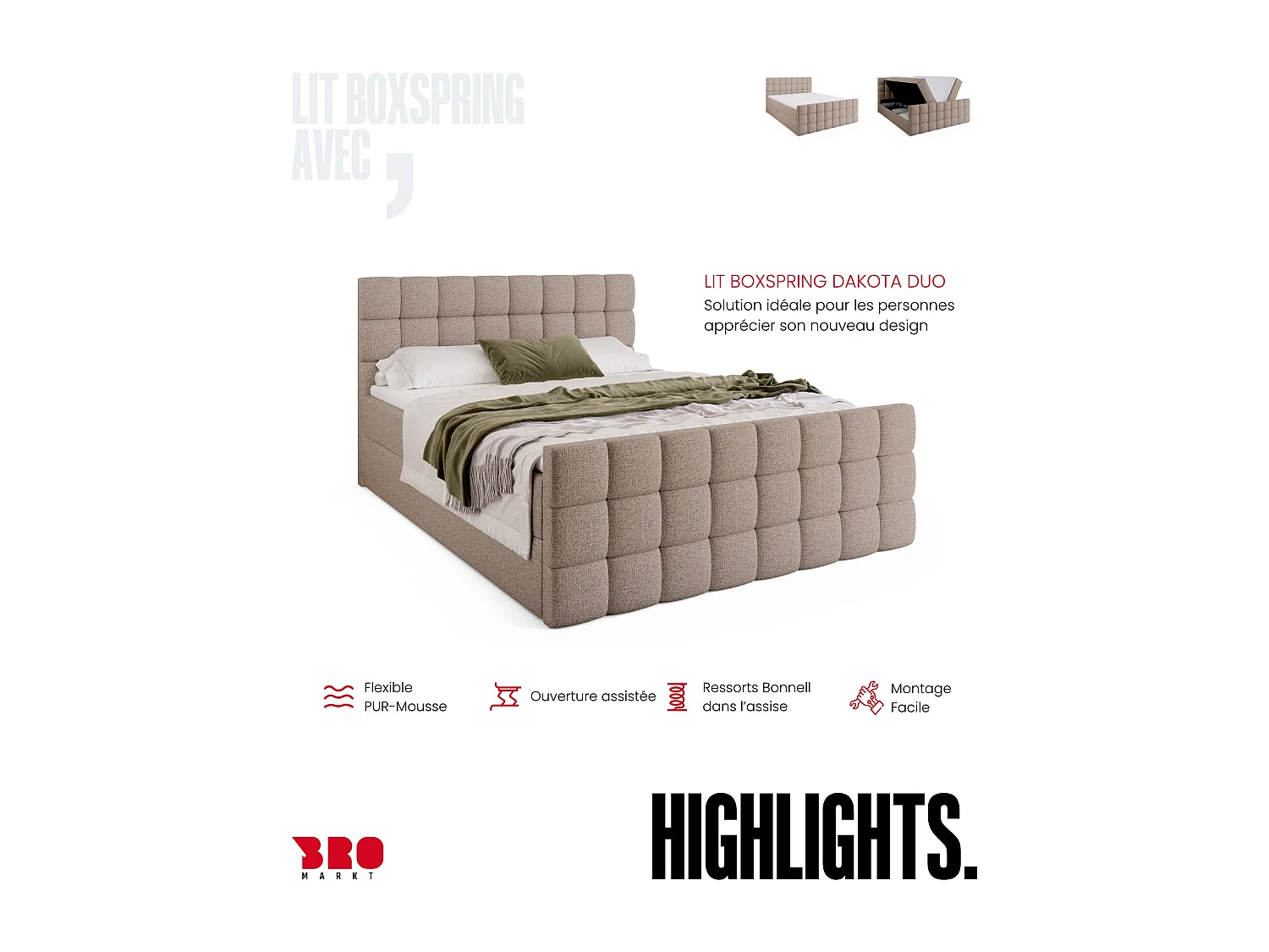 Lit boxspring avec rangement DAKOTA DUO - matelas - surmatelas - beige clair - 180x200 cm