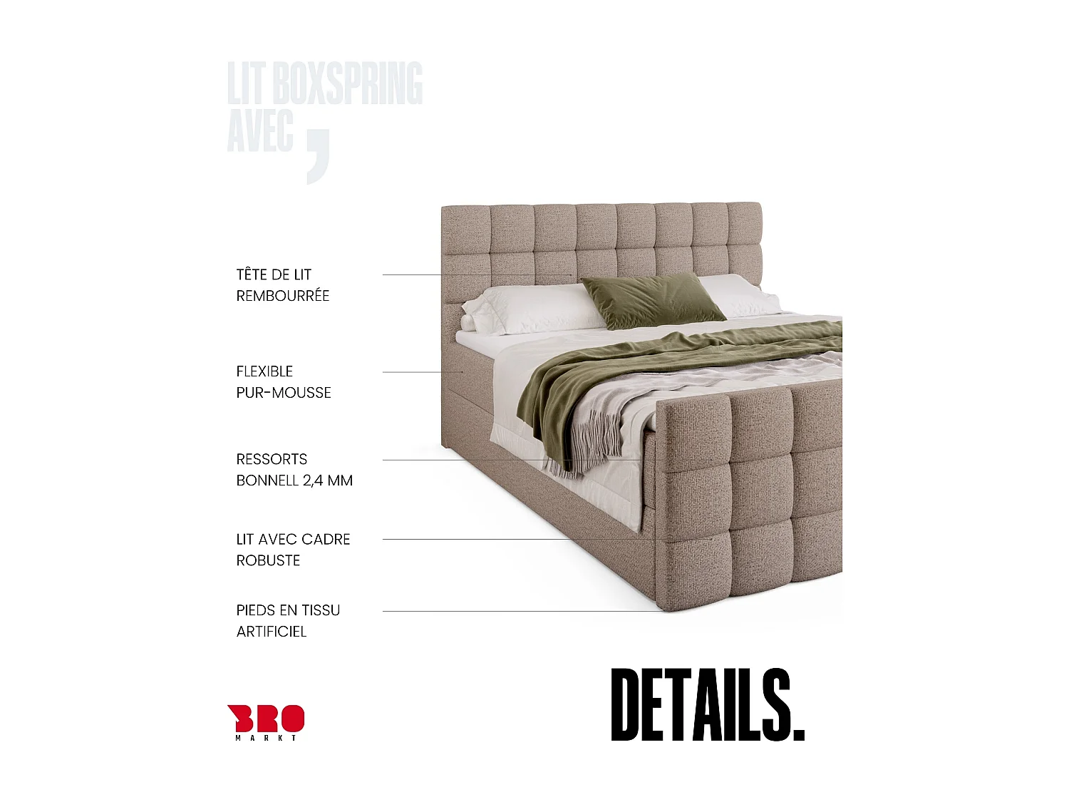 Lit boxspring avec rangement DAKOTA DUO - matelas - surmatelas - beige clair - 180x200 cm