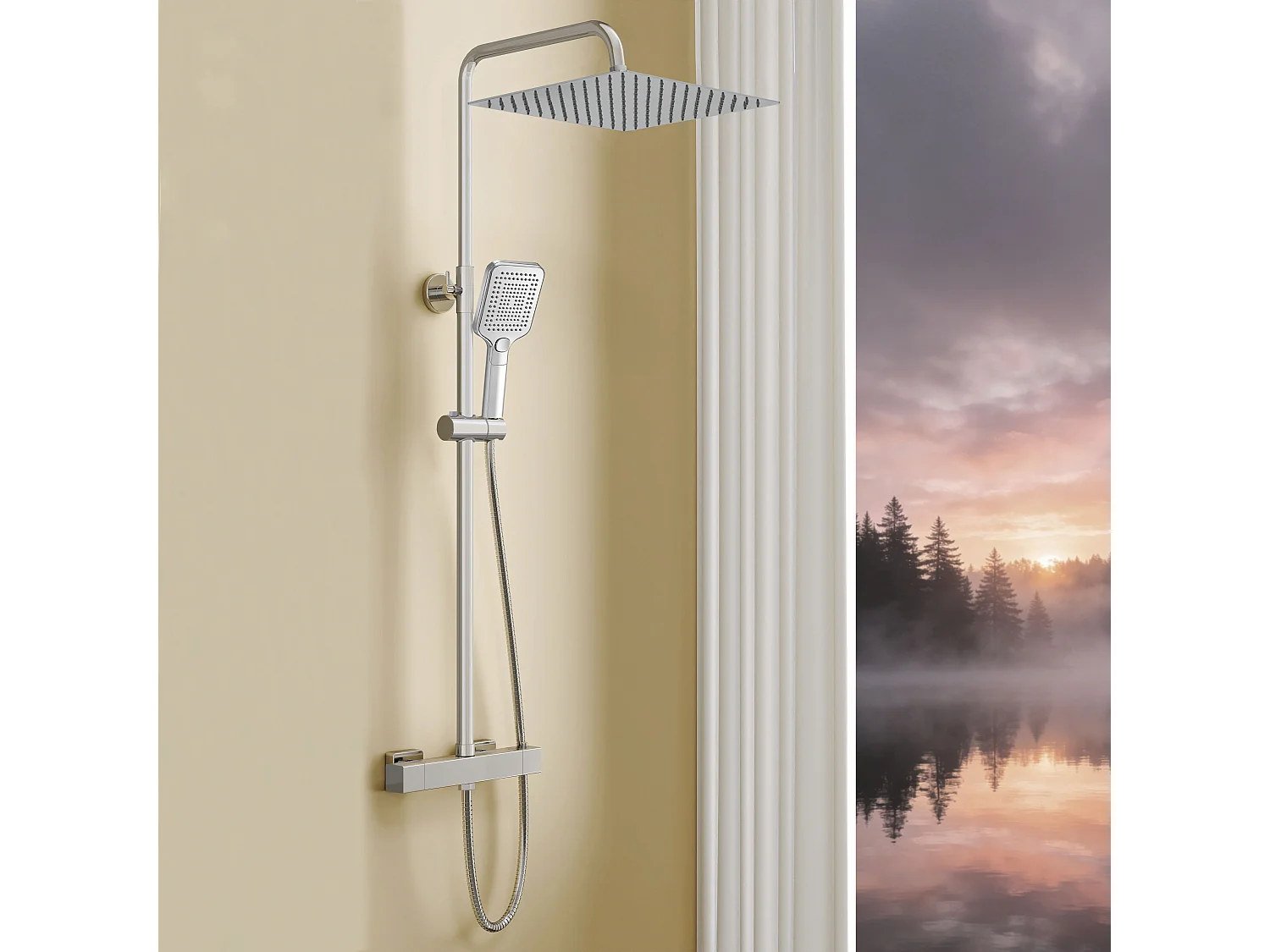 AICA Colonne de douche argent Ensemble de douche thermostatique Carré 30*30 cm Pommeau douche 3 jets Hauteur 72-125 cm