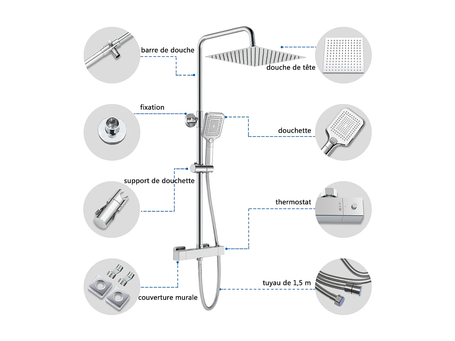 AICA Colonne de douche argent Ensemble de douche thermostatique Carré 30*30 cm Pommeau douche 3 jets Hauteur 72-125 cm
