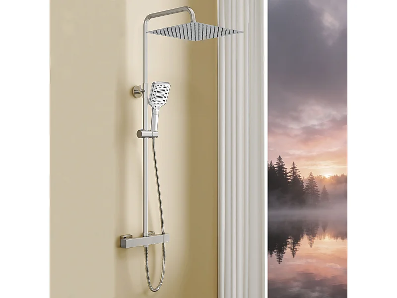 AICA Colonne de douche argent Ensemble de douche thermostatique Carré 30*30 cm Pommeau douche 3 jets Hauteur 72-125 cm