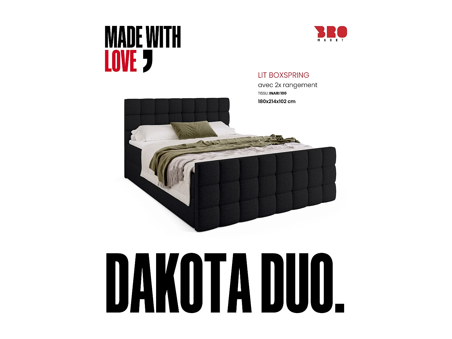 Lit boxspring avec rangement DAKOTA DUO - matelas - surmatelas - noir - 180x200 cm