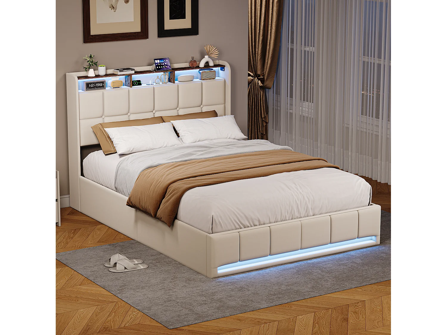 Lit 140x200 cm avec éclairage LED, coffre hydraulique, sommier à lattes, chargeurs USB & Type-C - Tissu lin beige