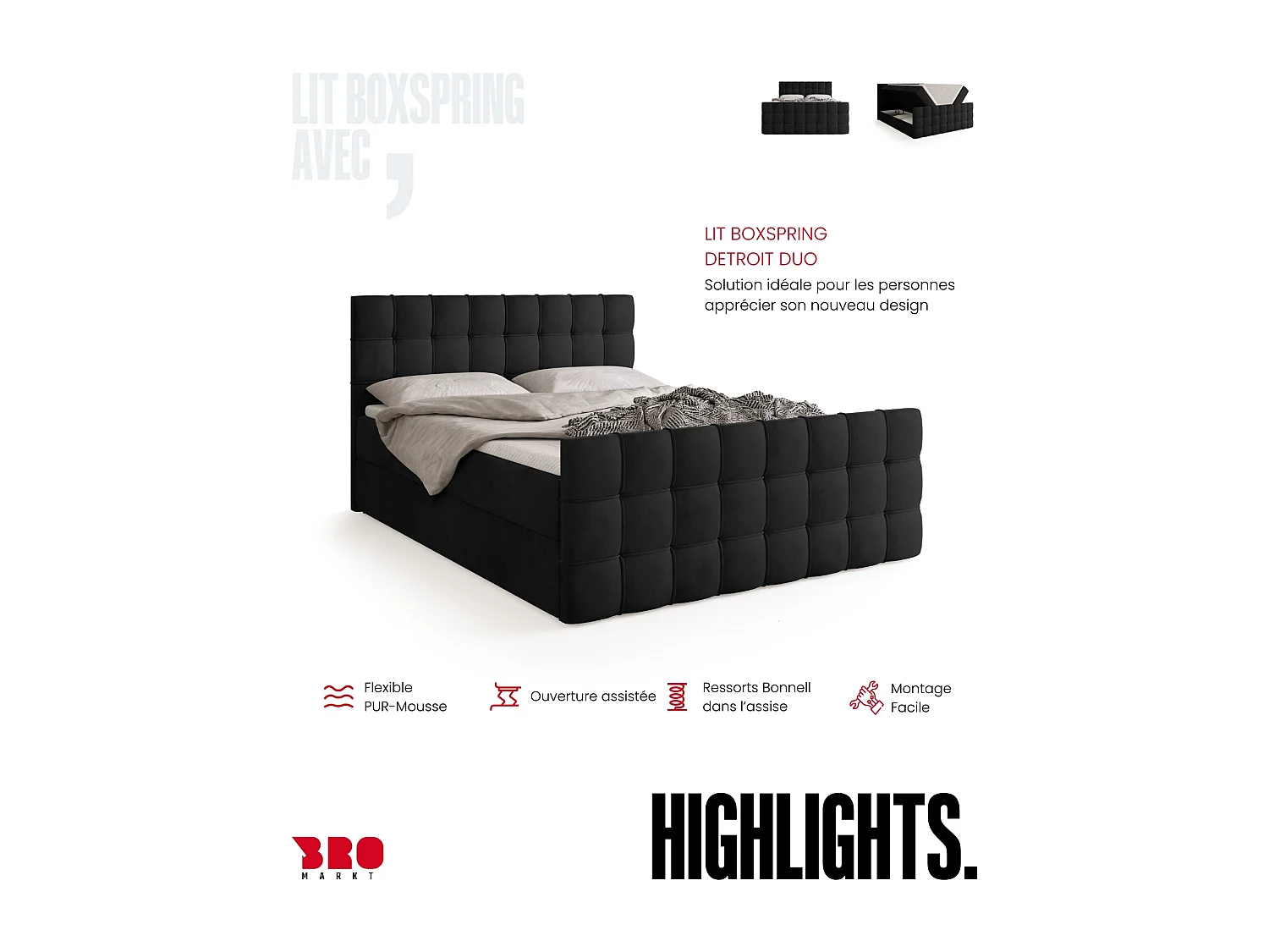 Lit boxspring avec rangement DETROIT DUO - matelas - surmatelas - noir - 160x200 cm