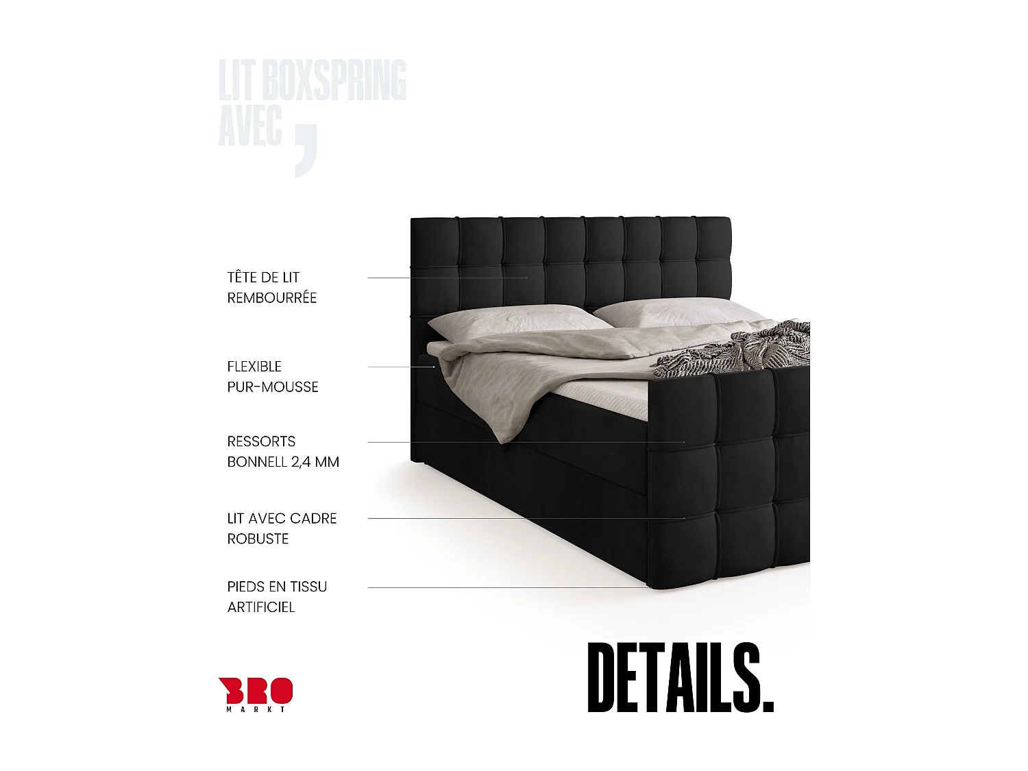 Lit boxspring avec rangement DETROIT DUO - matelas - surmatelas - noir - 160x200 cm