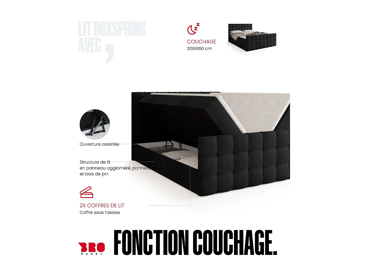 Lit boxspring avec rangement DETROIT DUO - matelas - surmatelas - noir - 160x200 cm