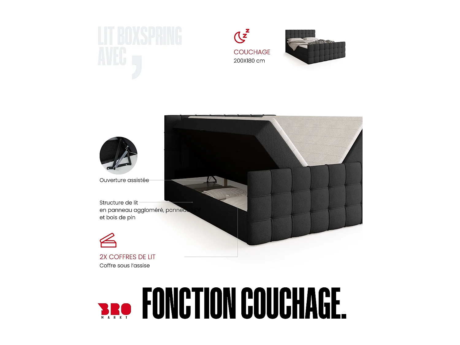 Lit boxspring avec rangement DETROIT DUO - matelas - surmatelas - gris foncé - 180x200 cm