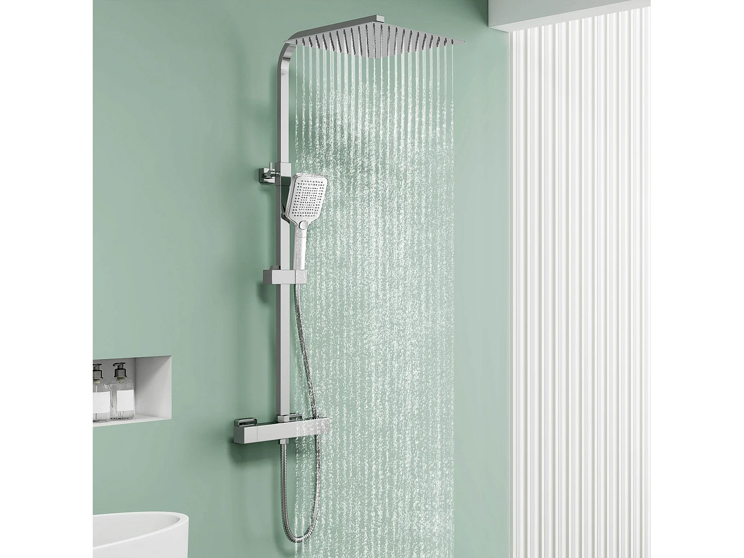 AICA Colonne de Douche Thermostatique 38°C Ensemble de Douche avec Pomme haute 30cm+Douchette 3 Jets Hauteur Réglable 73-115 cm Laiton & Acier Inox