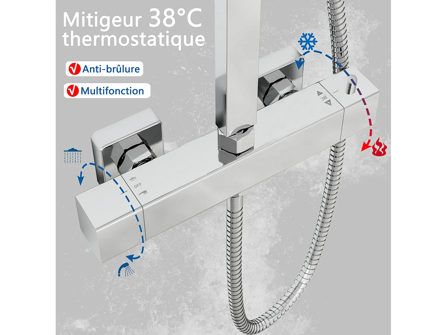 AICA Colonne de Douche Thermostatique 38°C Ensemble de Douche avec Pomme haute 30cm+Douchette 3 Jets Hauteur Réglable 73-115 cm Laiton & Acier Inox