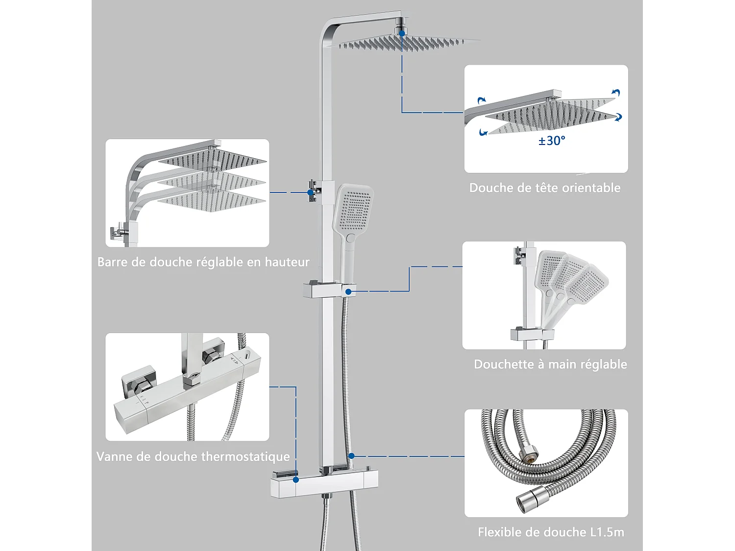 AICA Colonne de Douche Thermostatique 38°C Ensemble de Douche avec Pomme haute 30cm+Douchette 3 Jets Hauteur Réglable 73-115 cm Laiton & Acier Inox