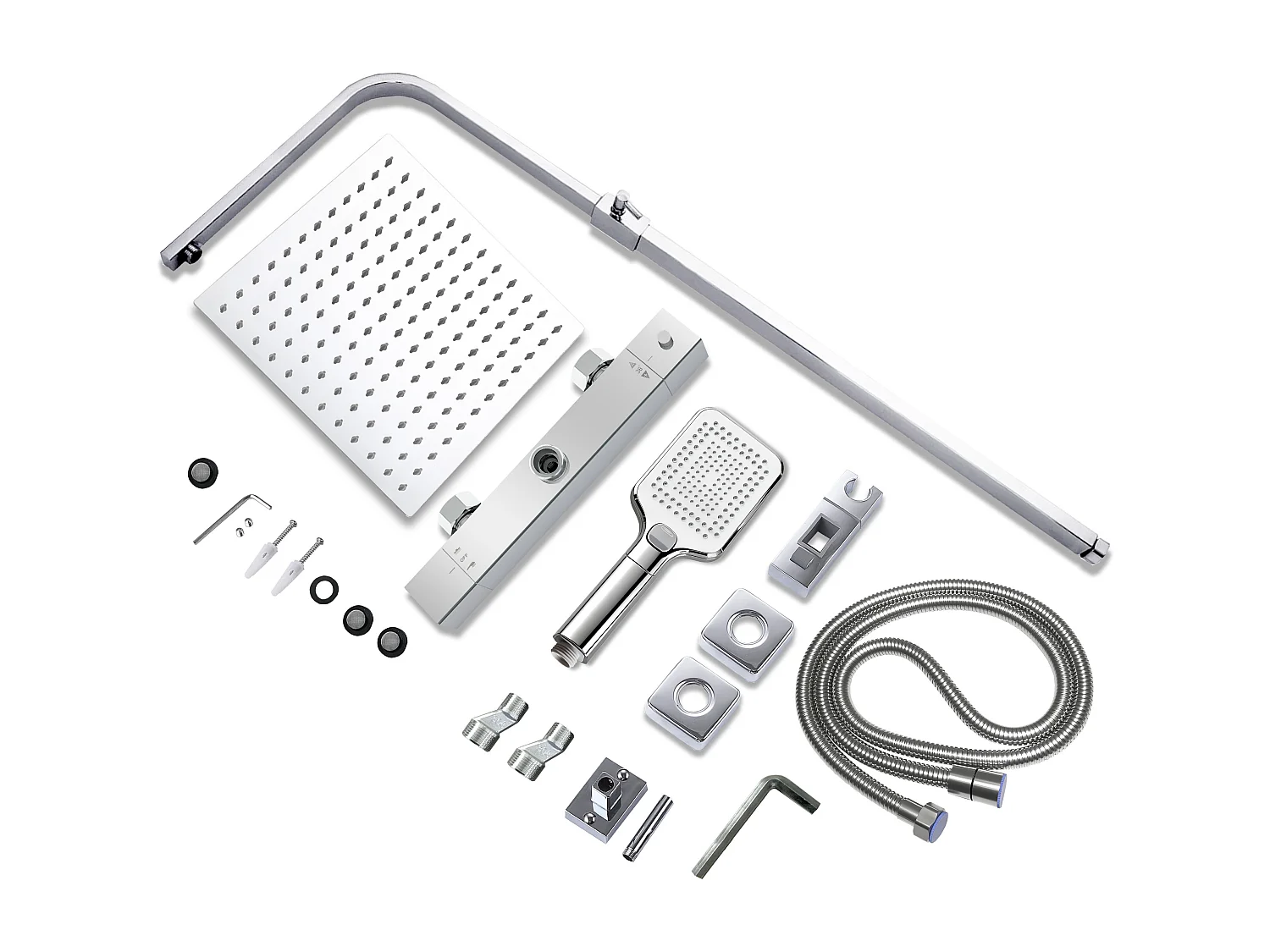 AICA Colonne de Douche Thermostatique 38°C Ensemble de Douche avec Pomme haute 30cm+Douchette 3 Jets Hauteur Réglable 73-115 cm Laiton & Acier Inox