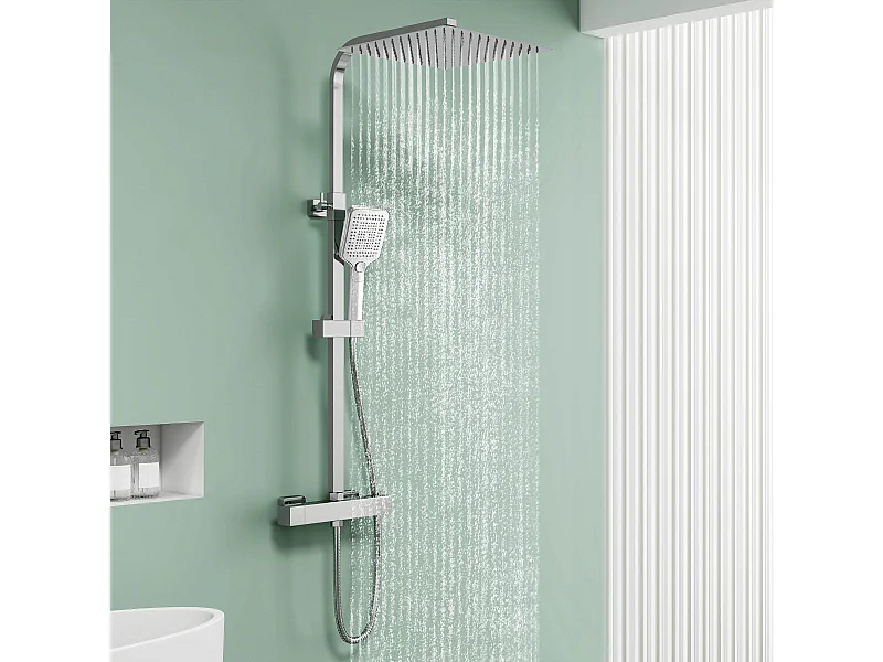 AICA Colonne de Douche Thermostatique 38°C Ensemble de Douche avec Pomme haute 30cm+Douchette 3 Jets Hauteur Réglable 73-115 cm Laiton & Acier Inox