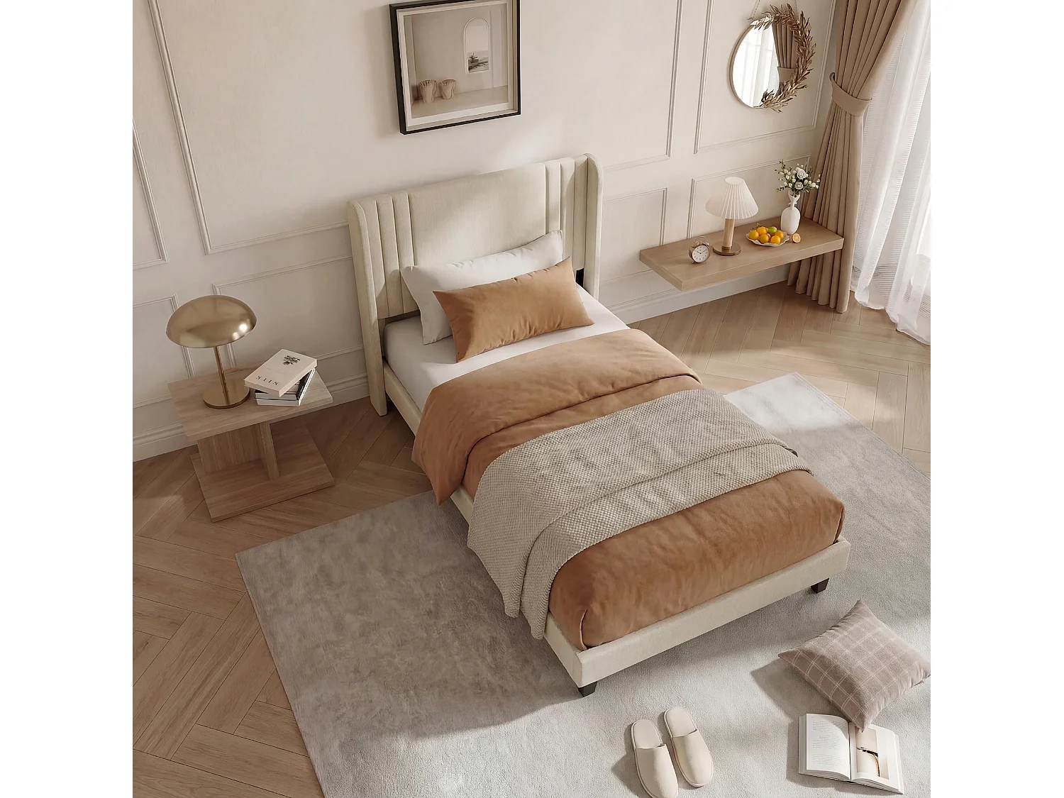 Bett (90 x 200 cm), beigefarbenes Leinen, modernes gepolstertes Kopfteil, stabiler Lattenrost, Belastbarkeit bis 363 kg, schnelle Montage