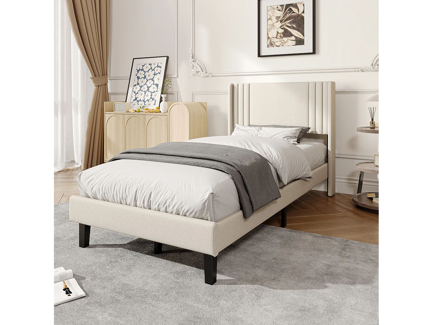 Bett (90 x 200 cm), beigefarbenes Leinen, modernes gepolstertes Kopfteil, stabiler Lattenrost, Belastbarkeit bis 363 kg, schnelle Montage