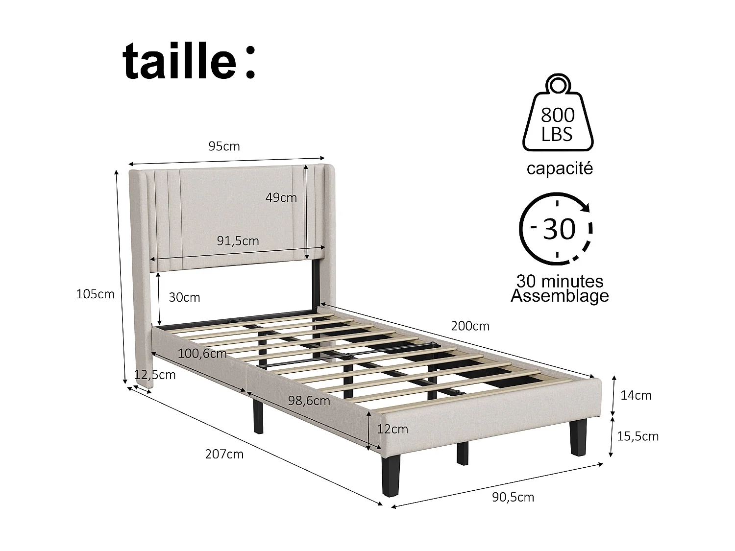 Bett (90 x 200 cm), beigefarbenes Leinen, modernes gepolstertes Kopfteil, stabiler Lattenrost, Belastbarkeit bis 363 kg, schnelle Montage