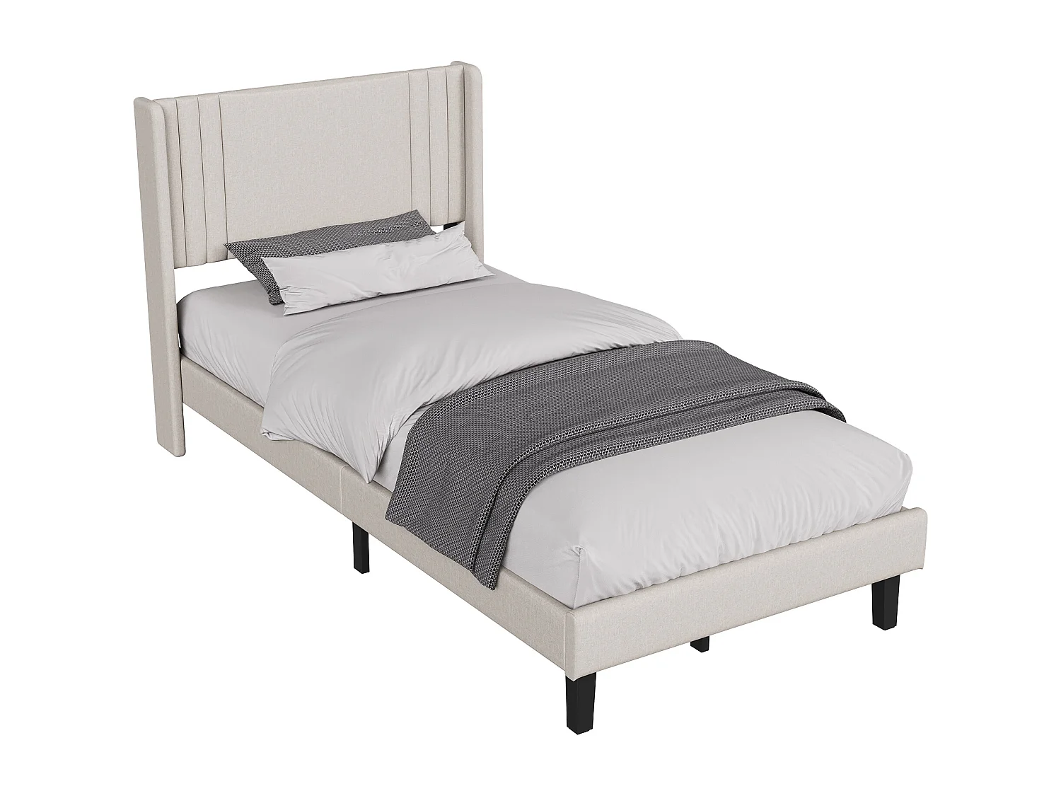 Bett (90 x 200 cm), beigefarbenes Leinen, modernes gepolstertes Kopfteil, stabiler Lattenrost, Belastbarkeit bis 363 kg, schnelle Montage