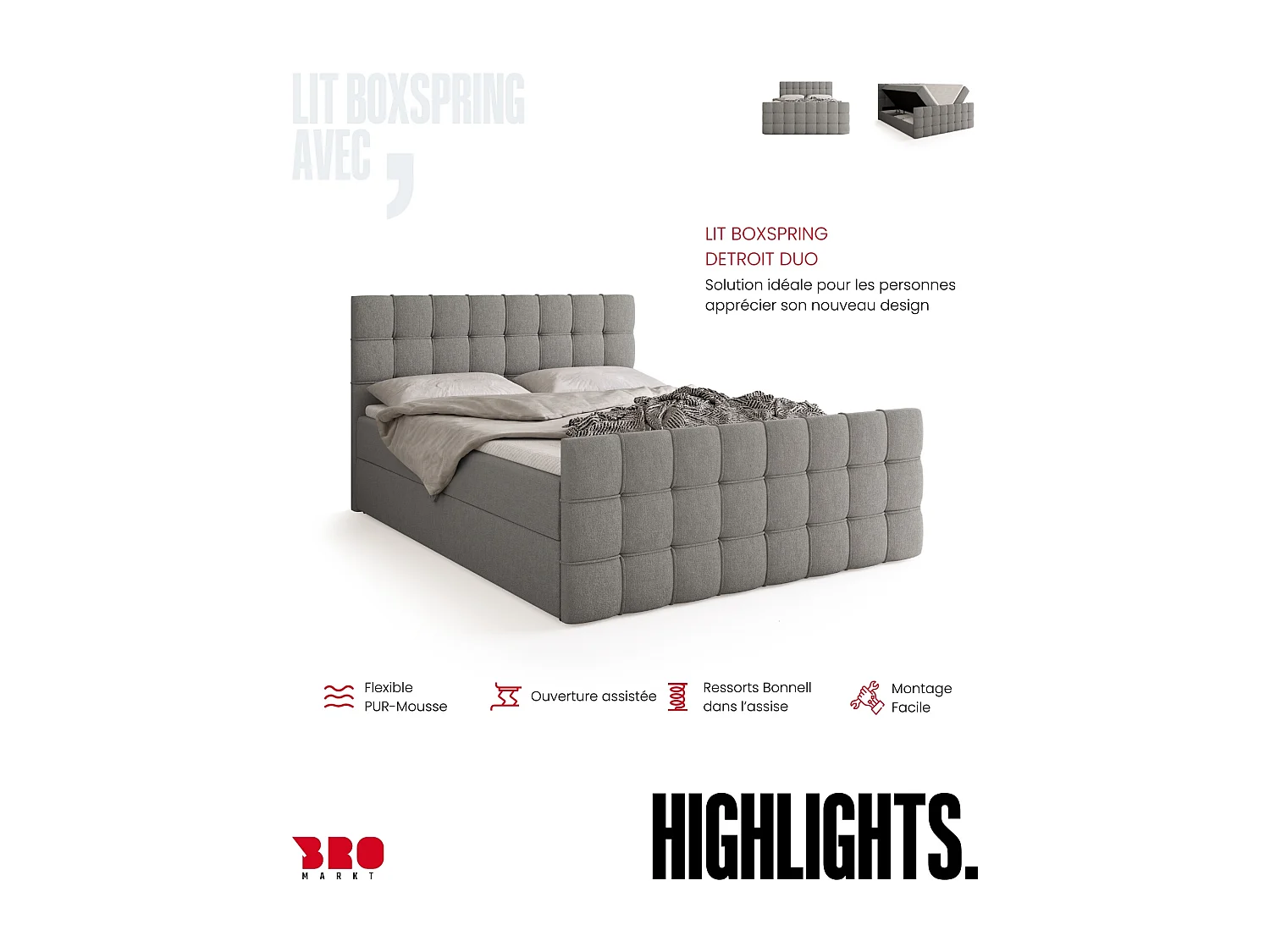 Lit boxspring avec rangement DETROIT DUO - matelas - surmatelas - gris - 160x200 cm