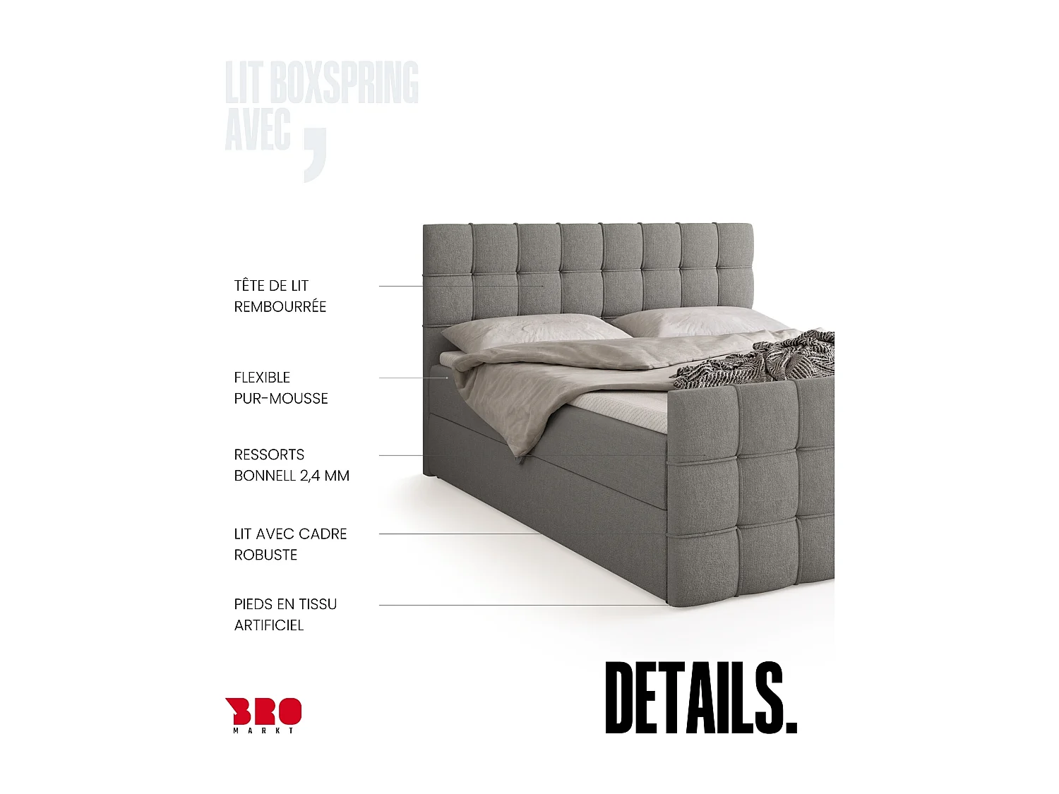 Lit boxspring avec rangement DETROIT DUO - matelas - surmatelas - gris - 160x200 cm