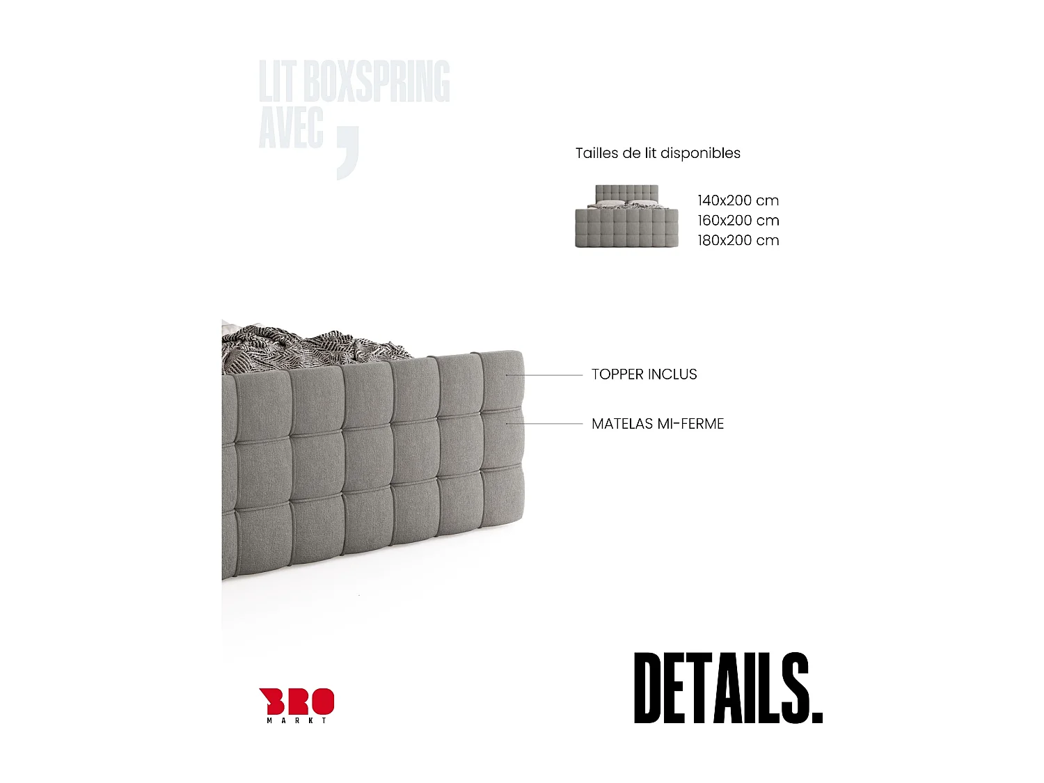 Lit boxspring avec rangement DETROIT DUO - matelas - surmatelas - gris - 160x200 cm