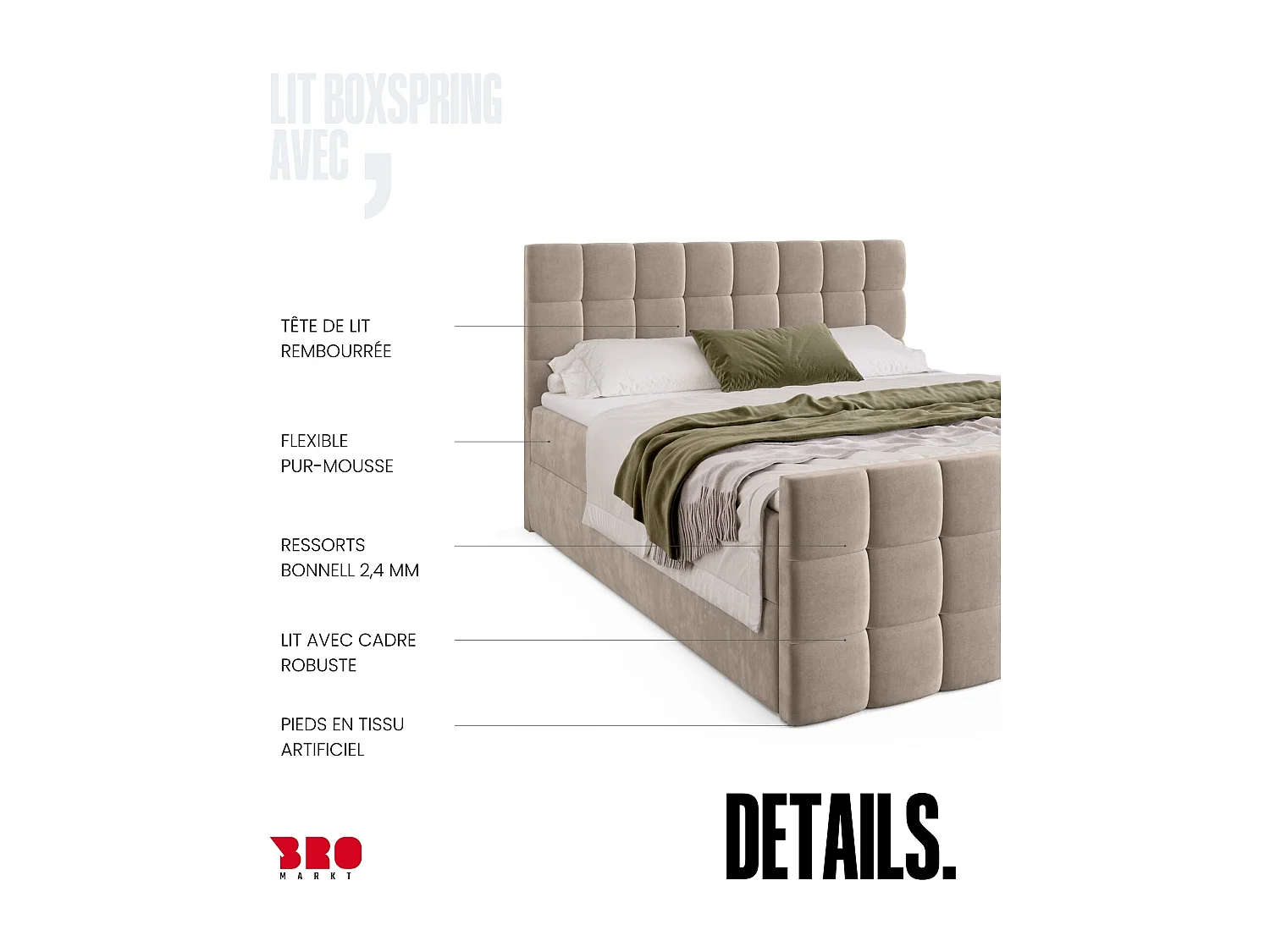 Lit boxspring avec rangement DAKOTA DUO - matelas - surmatelas - beige - 180x200 cm