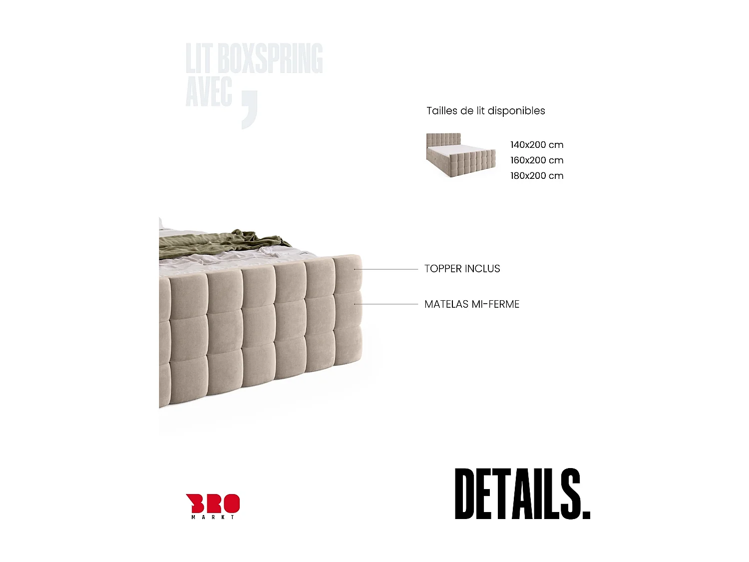 Lit boxspring avec rangement DAKOTA DUO - matelas - surmatelas - beige - 180x200 cm
