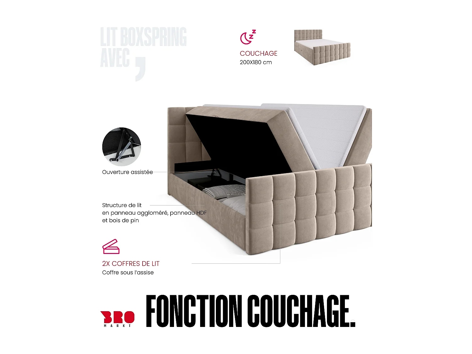 Lit boxspring avec rangement DAKOTA DUO - matelas - surmatelas - beige - 180x200 cm