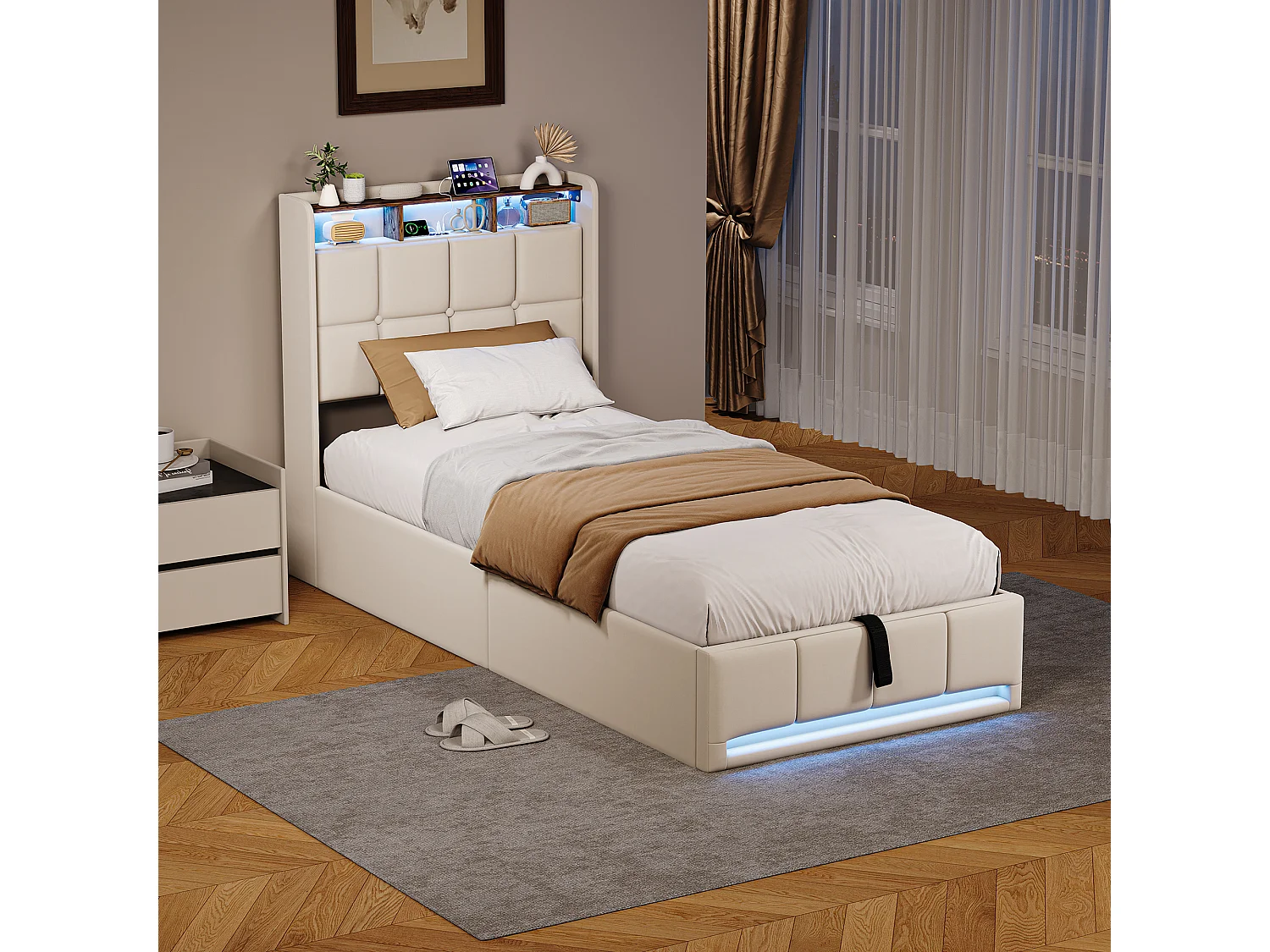 Lit 90x200 cm avec éclairage LED, coffre hydraulique, sommier à lattes, chargeurs USB & Type-C - Tissu lin beige