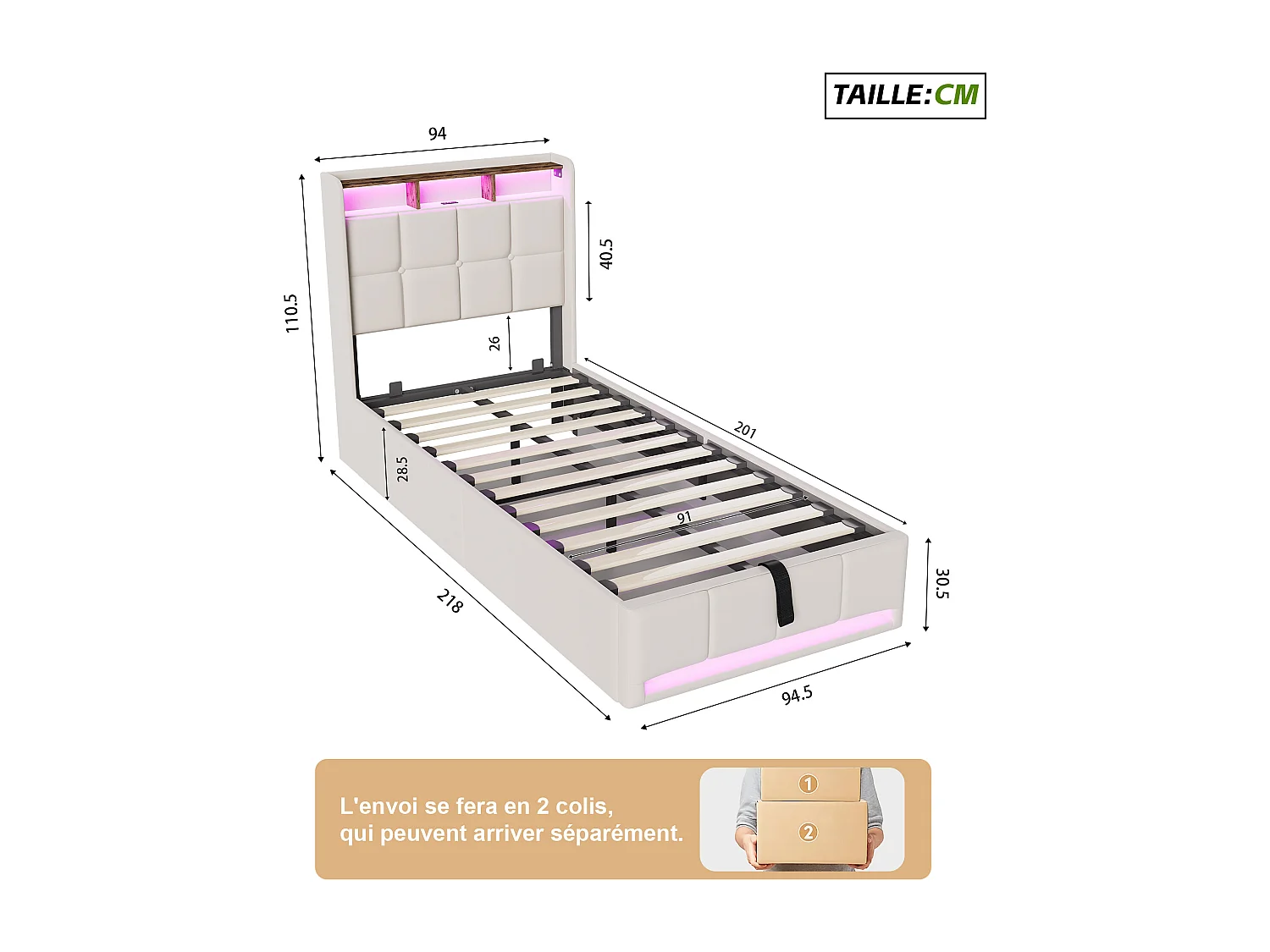 Lit 90x200 cm avec éclairage LED, coffre hydraulique, sommier à lattes, chargeurs USB & Type-C - Tissu lin beige