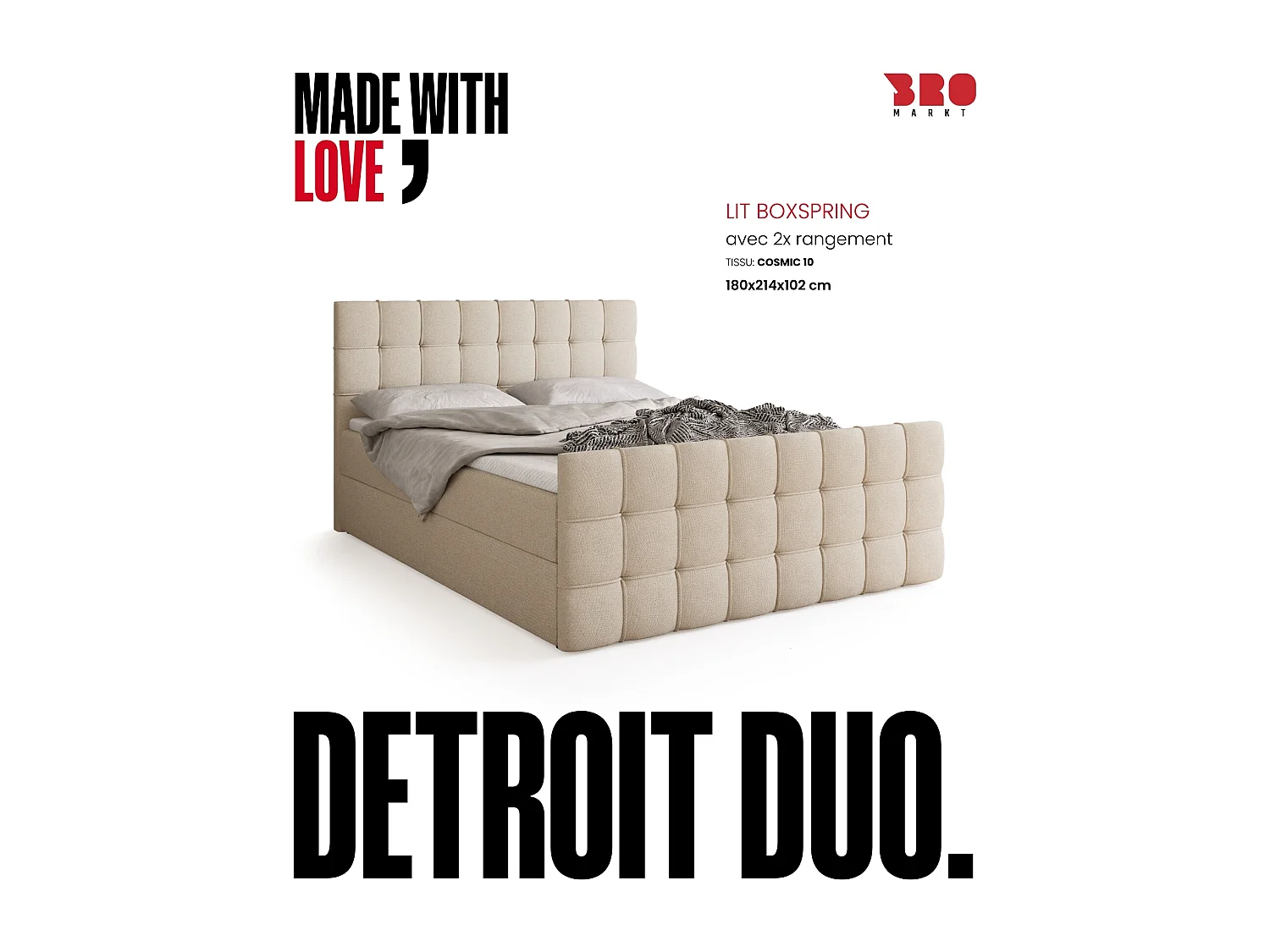 Lit boxspring avec rangement DETROIT DUO - matelas - surmatelas - beige - 180x200 cm