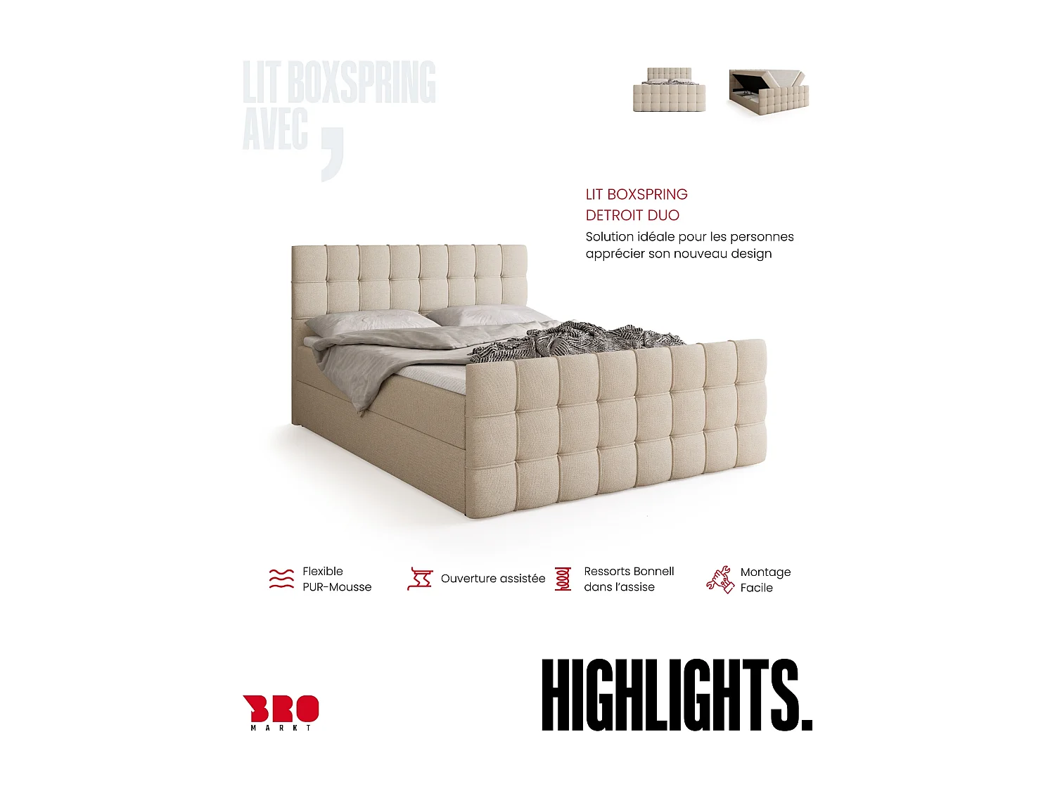 Lit boxspring avec rangement DETROIT DUO - matelas - surmatelas - beige - 180x200 cm