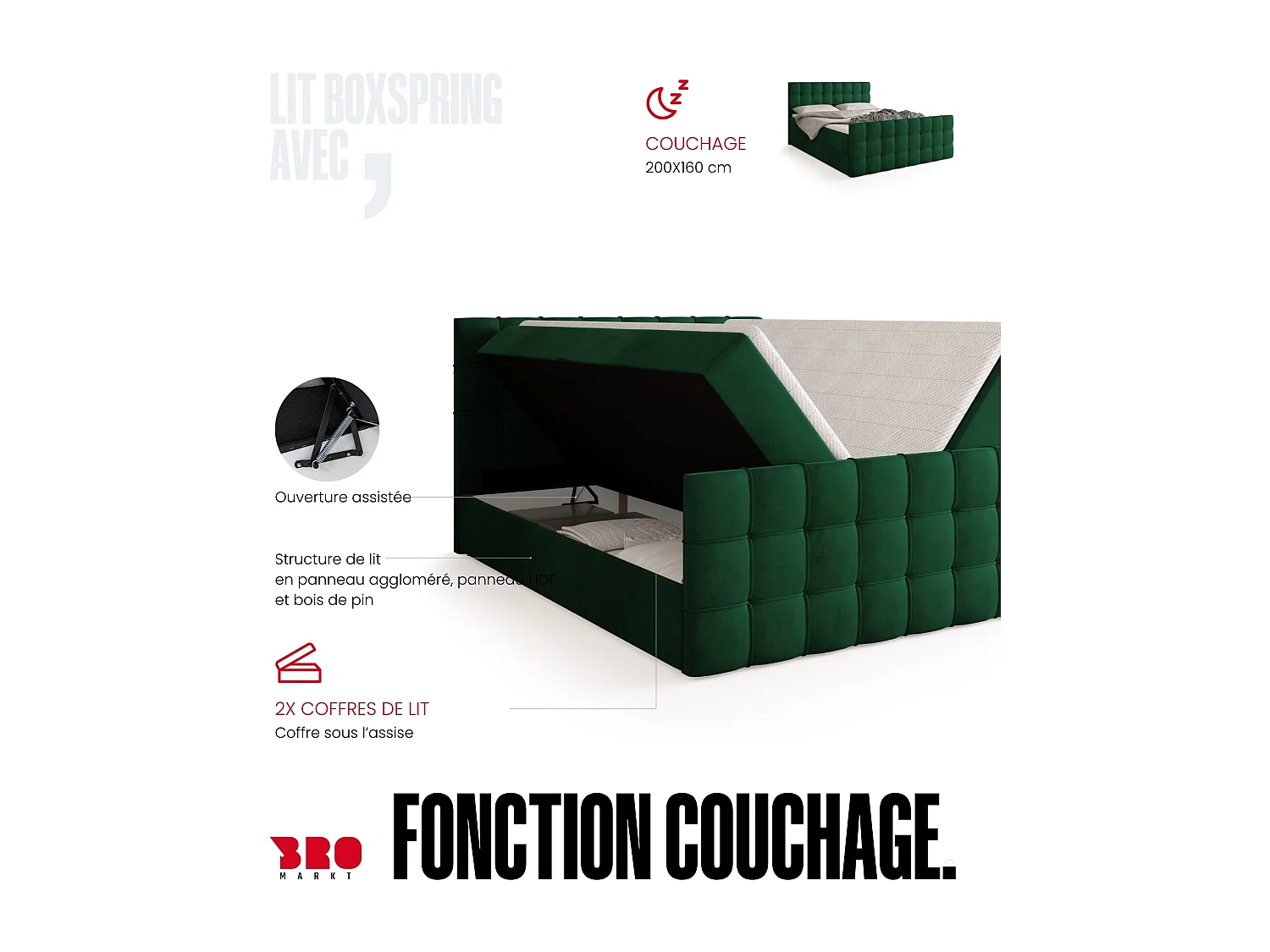 Lit boxspring avec rangement DETROIT DUO - matelas - surmatelas - vert foncé - 160x200 cm