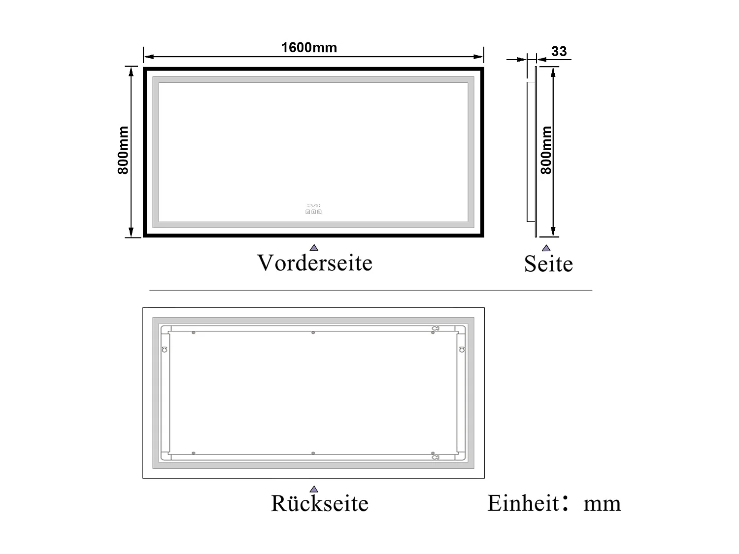 AICA LED Badspiegel Rechteck 160x80cm Beschlagfrei Bluetooth Uhr 3 Lichtfarbe Dimmbar - Schwarzem Rahmen