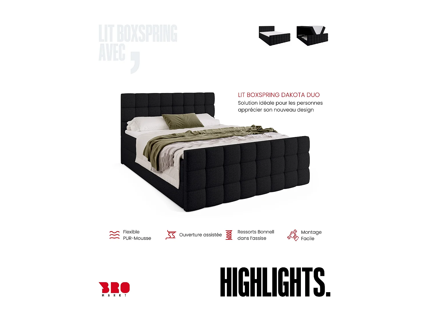 Lit boxspring avec rangement DAKOTA DUO - matelas - surmatelas - noir - 160x200 cm